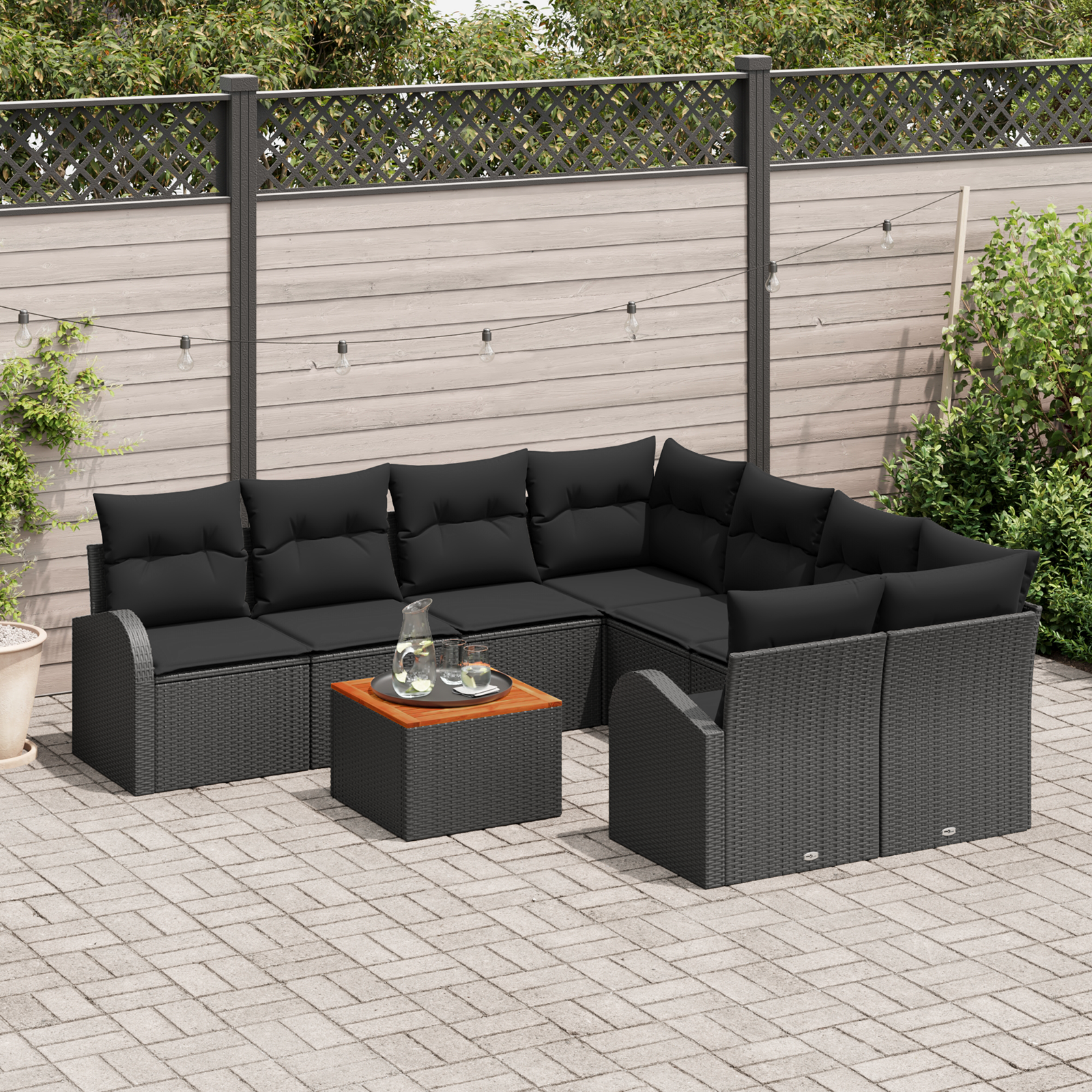 vidaXL 9-delige tuinset met kussens zwart poly rattan en acacia