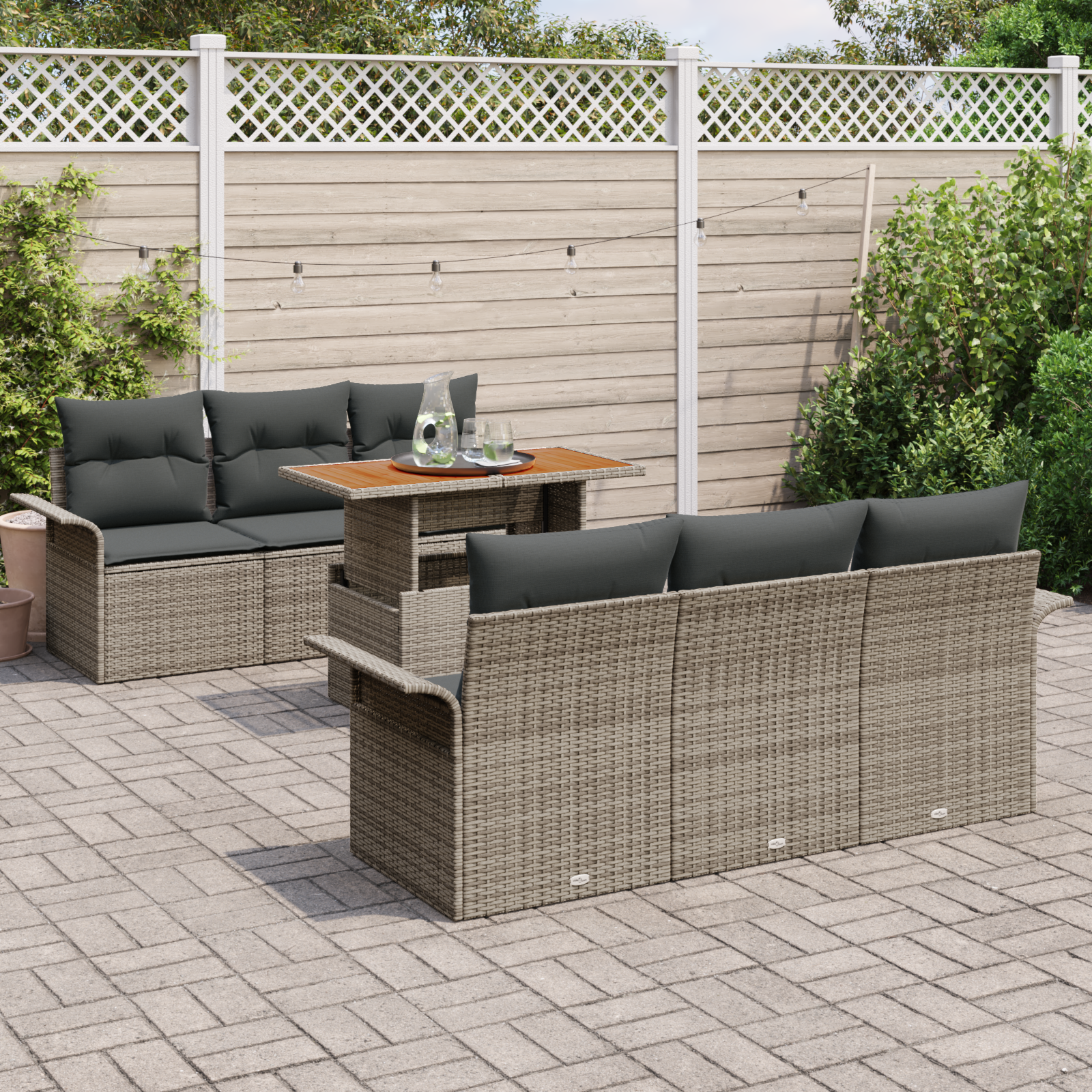 vidaXL 7-delige tuinbankset met kussens - Grijs - Poly Rattan