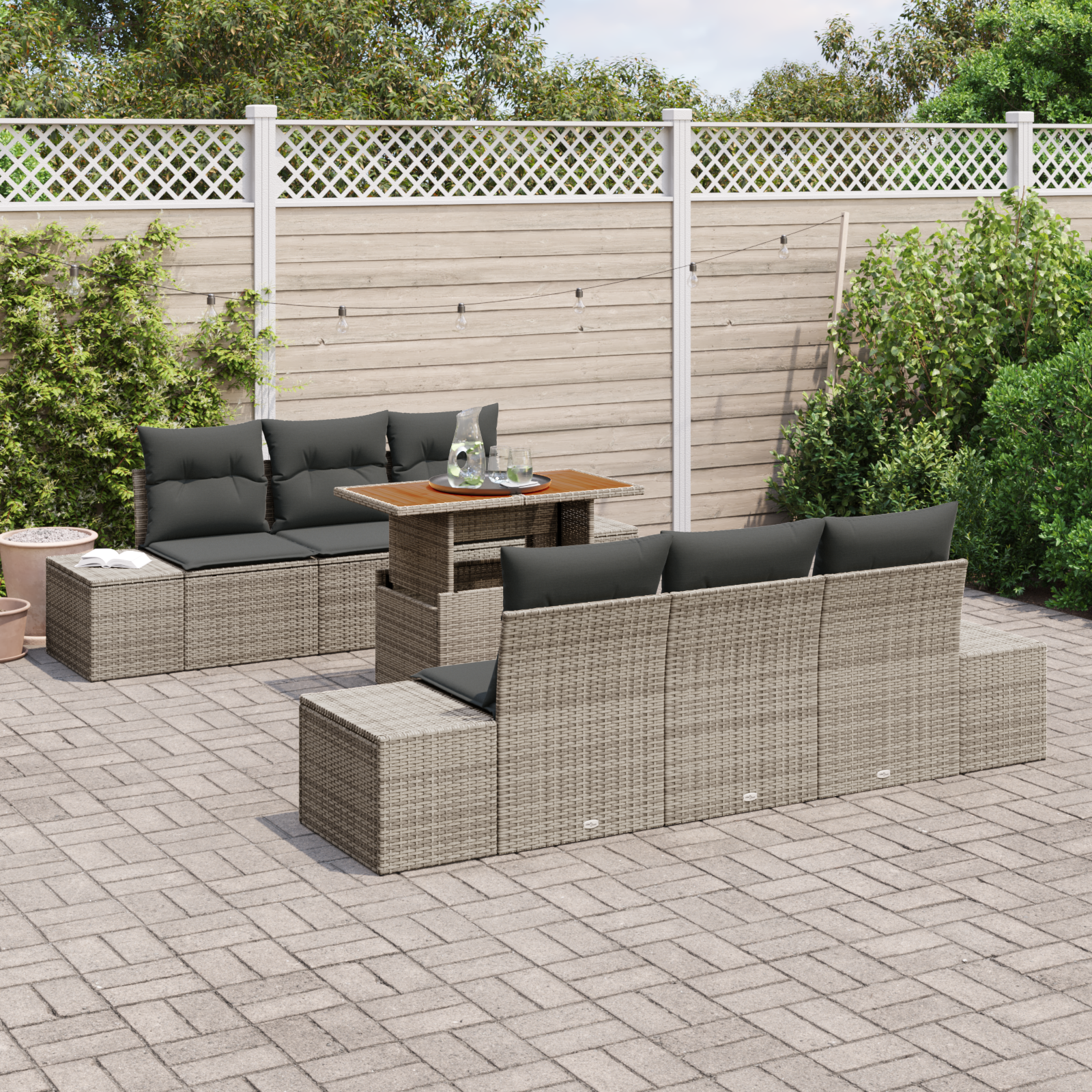 vidaXL 7-delige Tuinset met kussens poly rattan acaciahout grijs