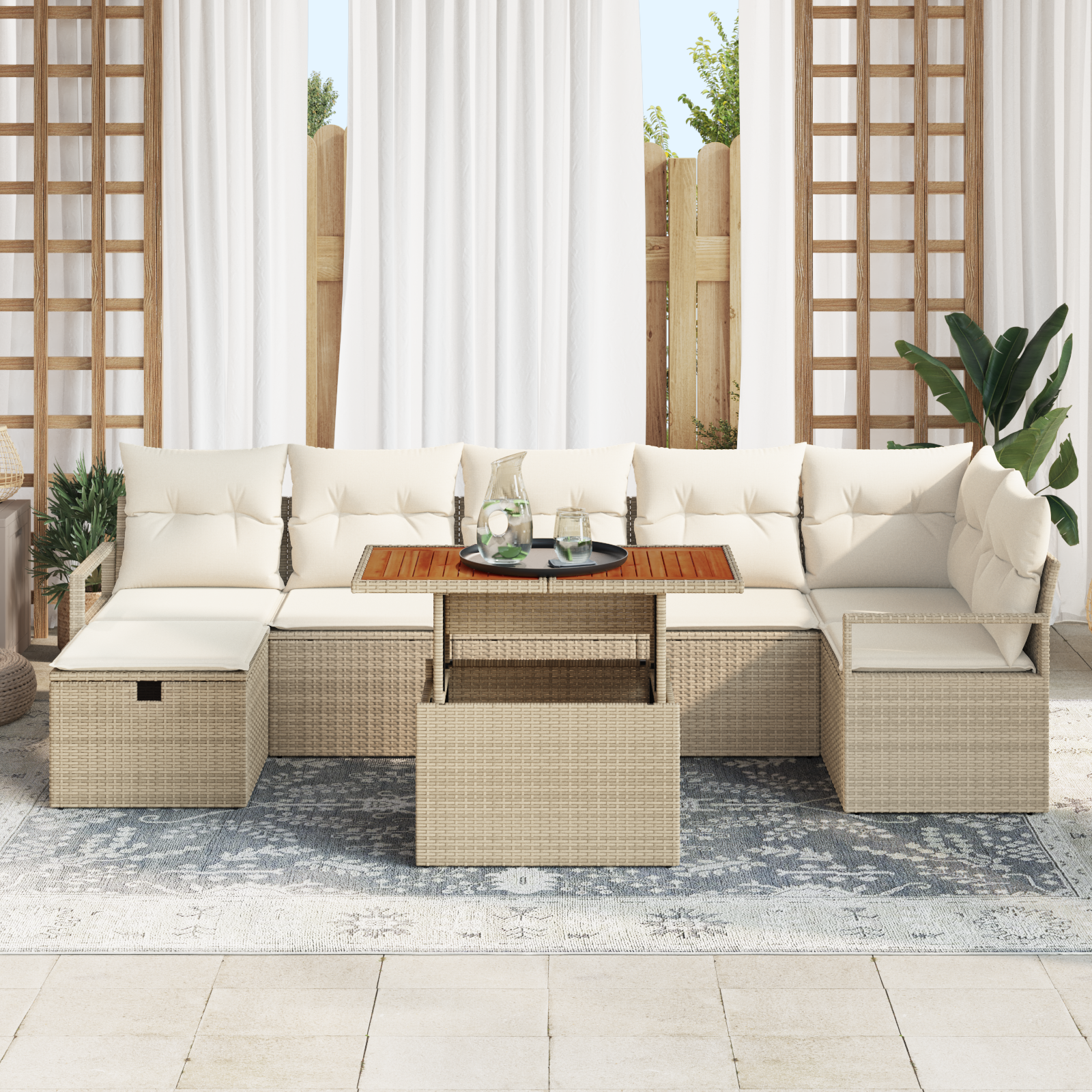 vidaXL 8-delige ligbedden set met kussens Beige Poly Rattan