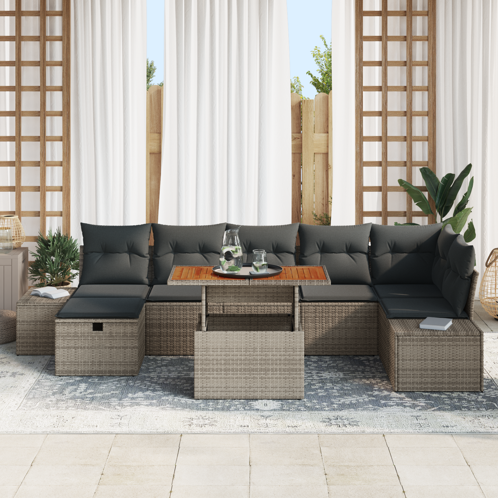 vidaXL 8-delige Tuinbankenset met kussens poly rattan grijs