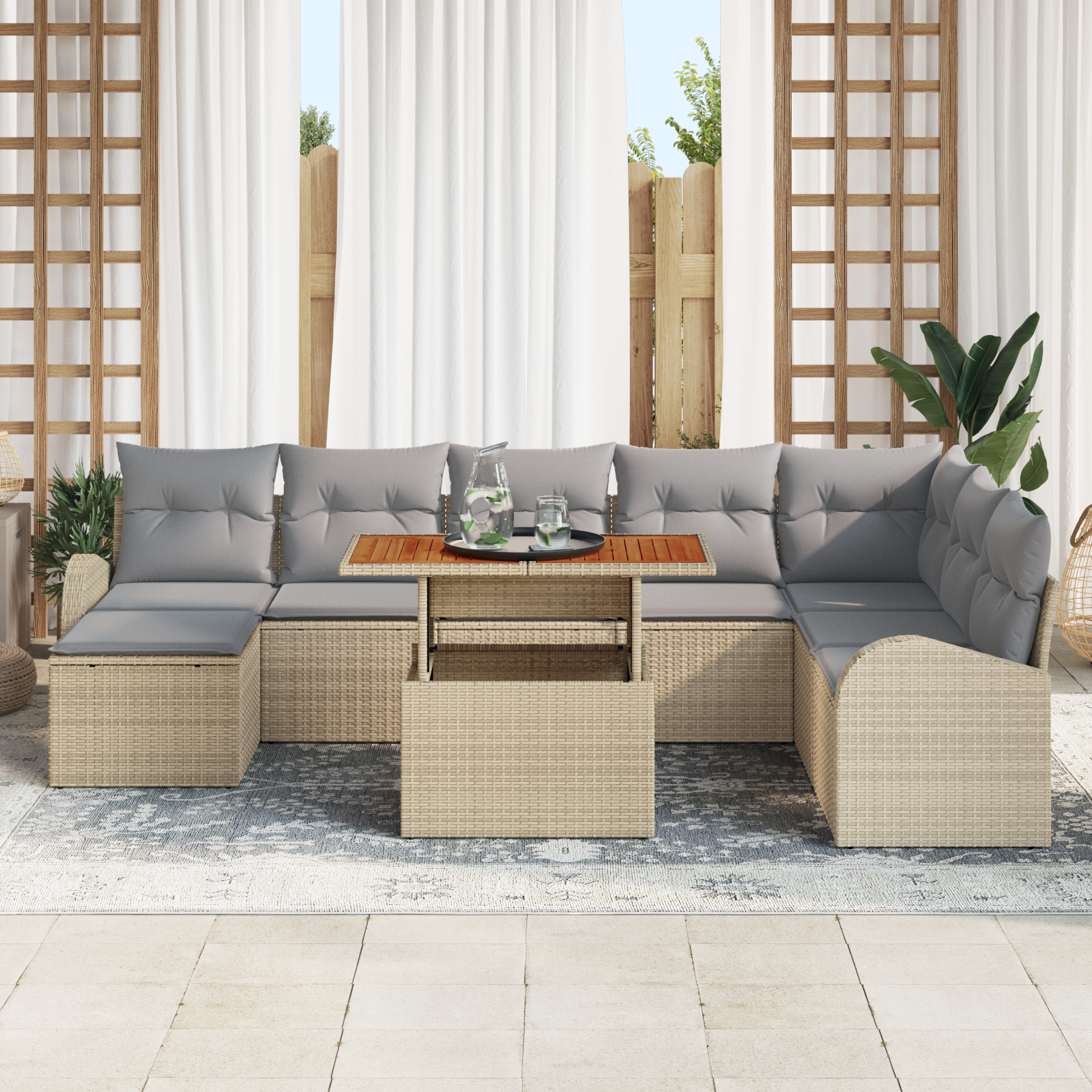 vidaXL 9-delige tuin eetset met kussens - beige poly rattan en acacia