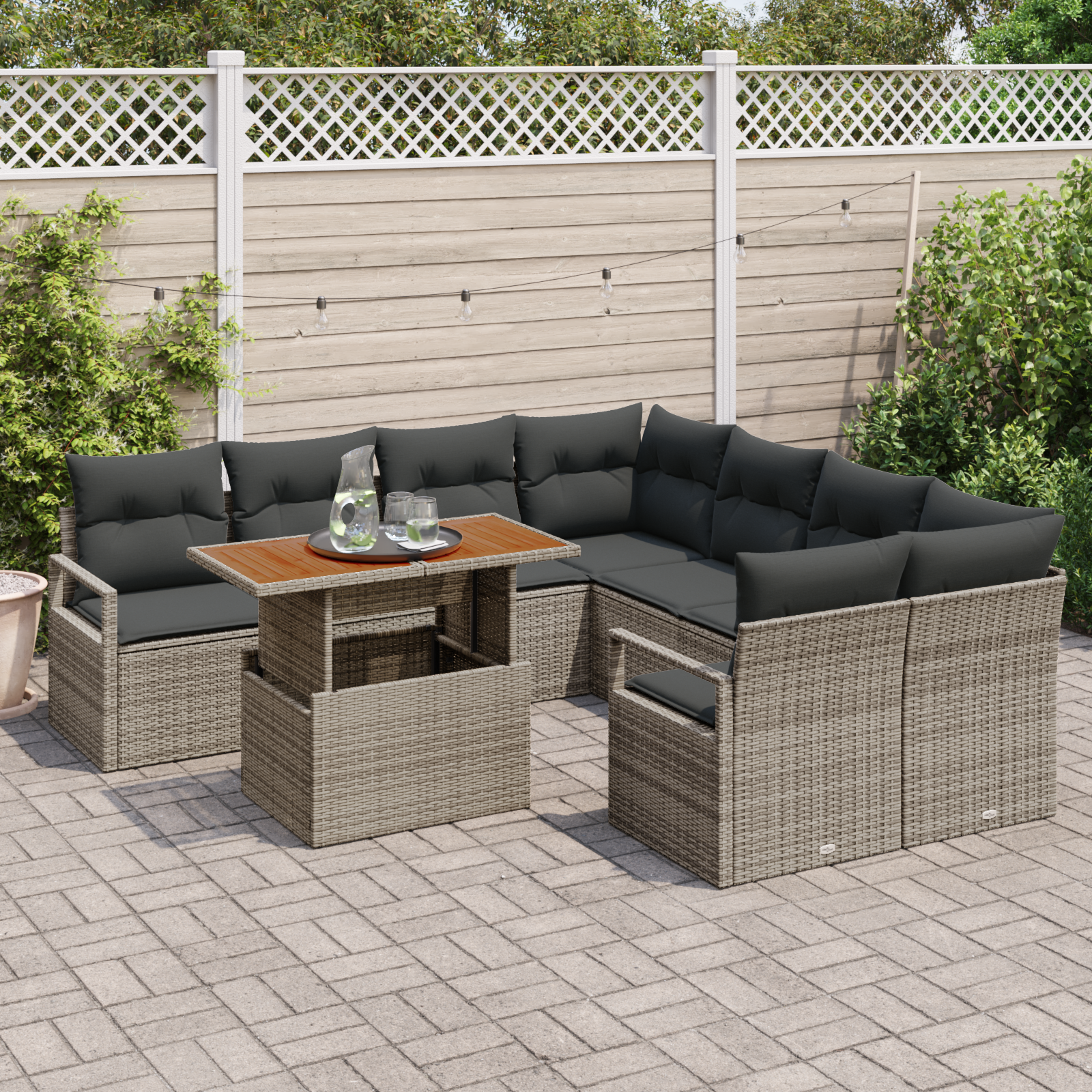 vidaXL 9-delige tuinset met kussens in grijs poly rattan en acacia