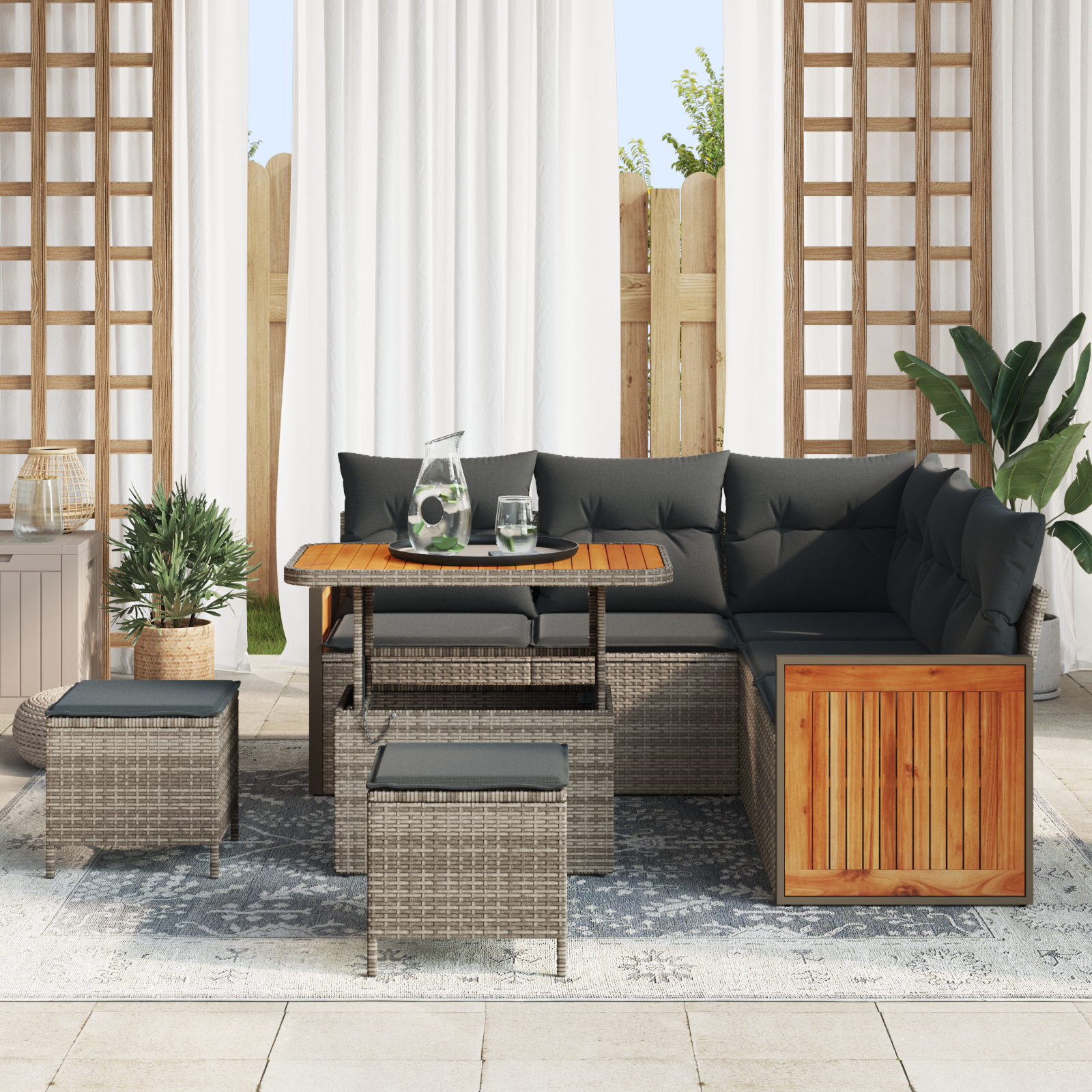 vidaXL 8-delige Tuinbankenset met kussens poly rattan acacia grijs
