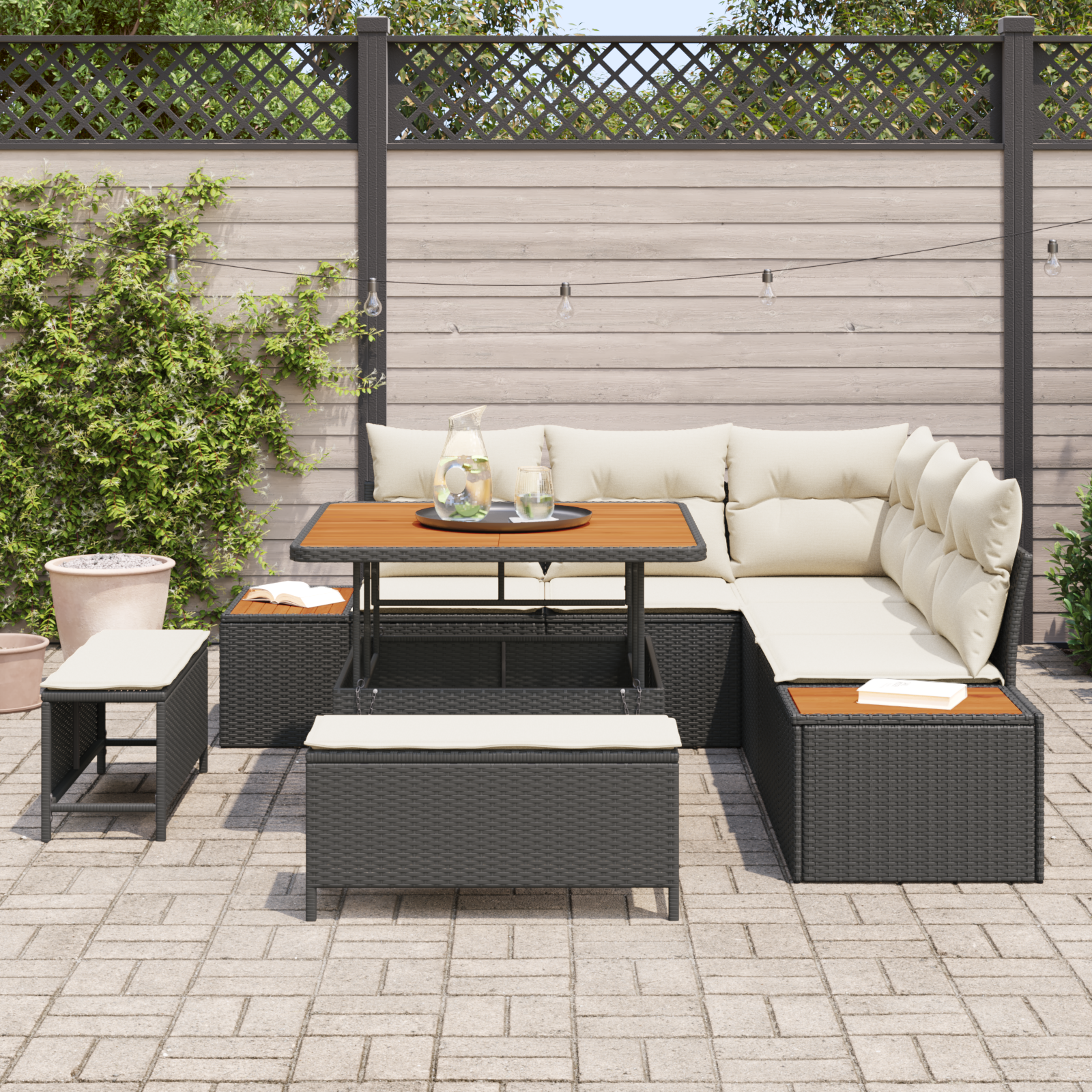 vidaXL 8-delige tuinset met kussens - Zwart - Poly Rattan - Acacia