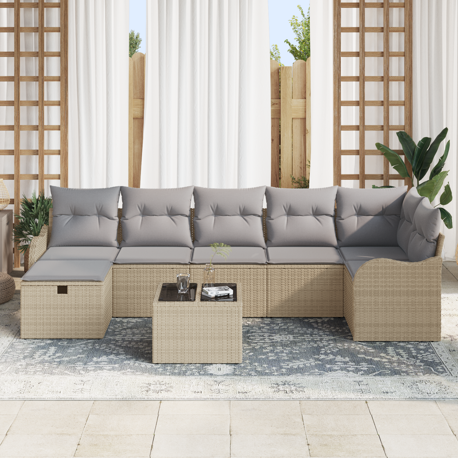 vidaXL 8-delige Tuinbankenset met kussens poly rattan beige
