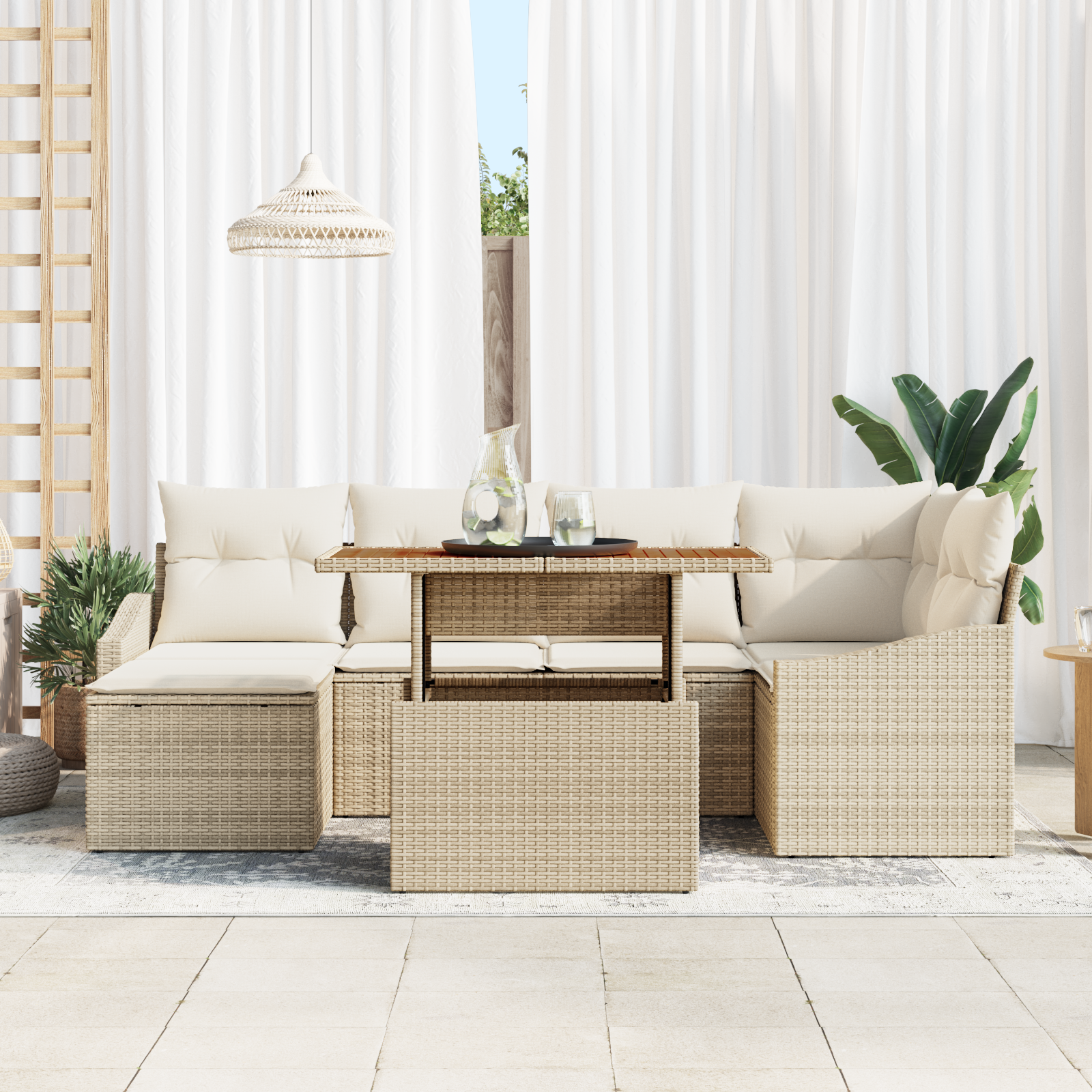 vidaXL 7-delige Tuinbankenset met kussens poly rattan beige