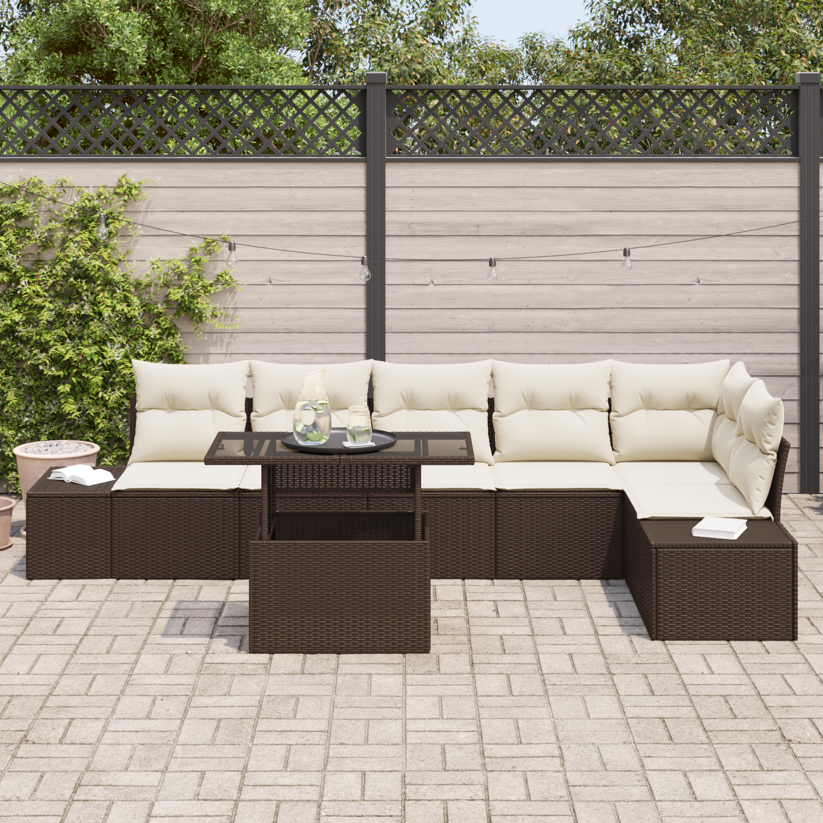 vidaXL 7-delige tuinset met kussens - Bruin poly rattan