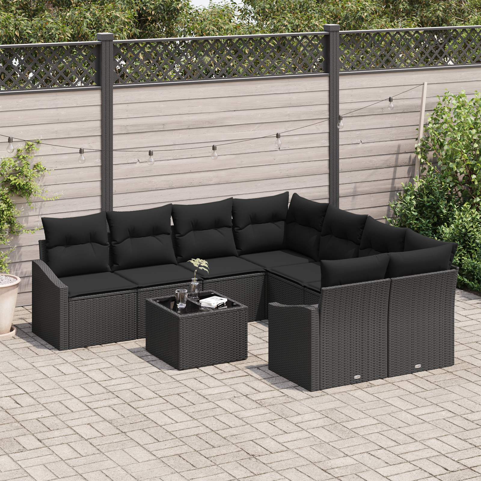 vidaXL 9-delige Tuinbankenset met kussens poly rattan zwart