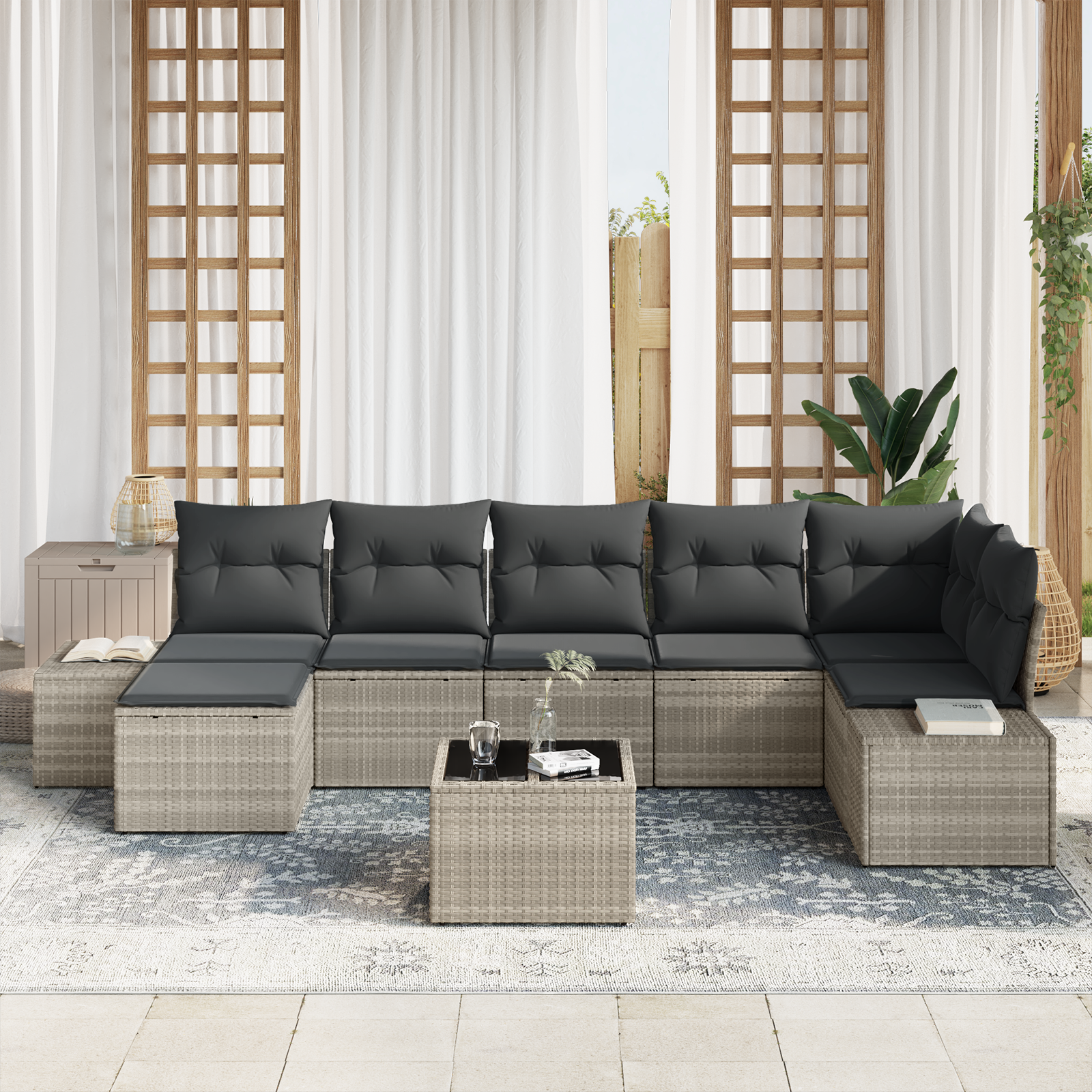 vidaXL 8-delige Tuinbankenset met kussens poly rattan grijs