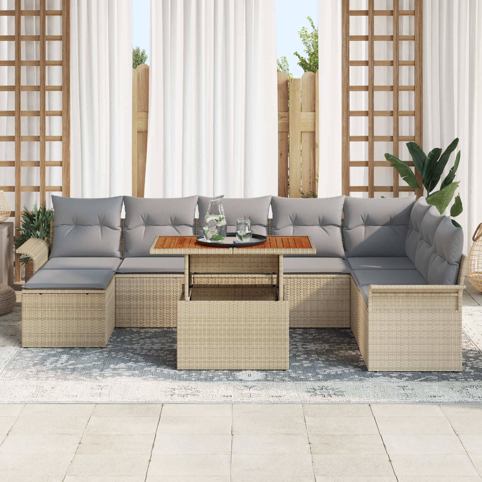 vidaXL 9-delige Tuinset met kussens poly rattan acaciahout beige