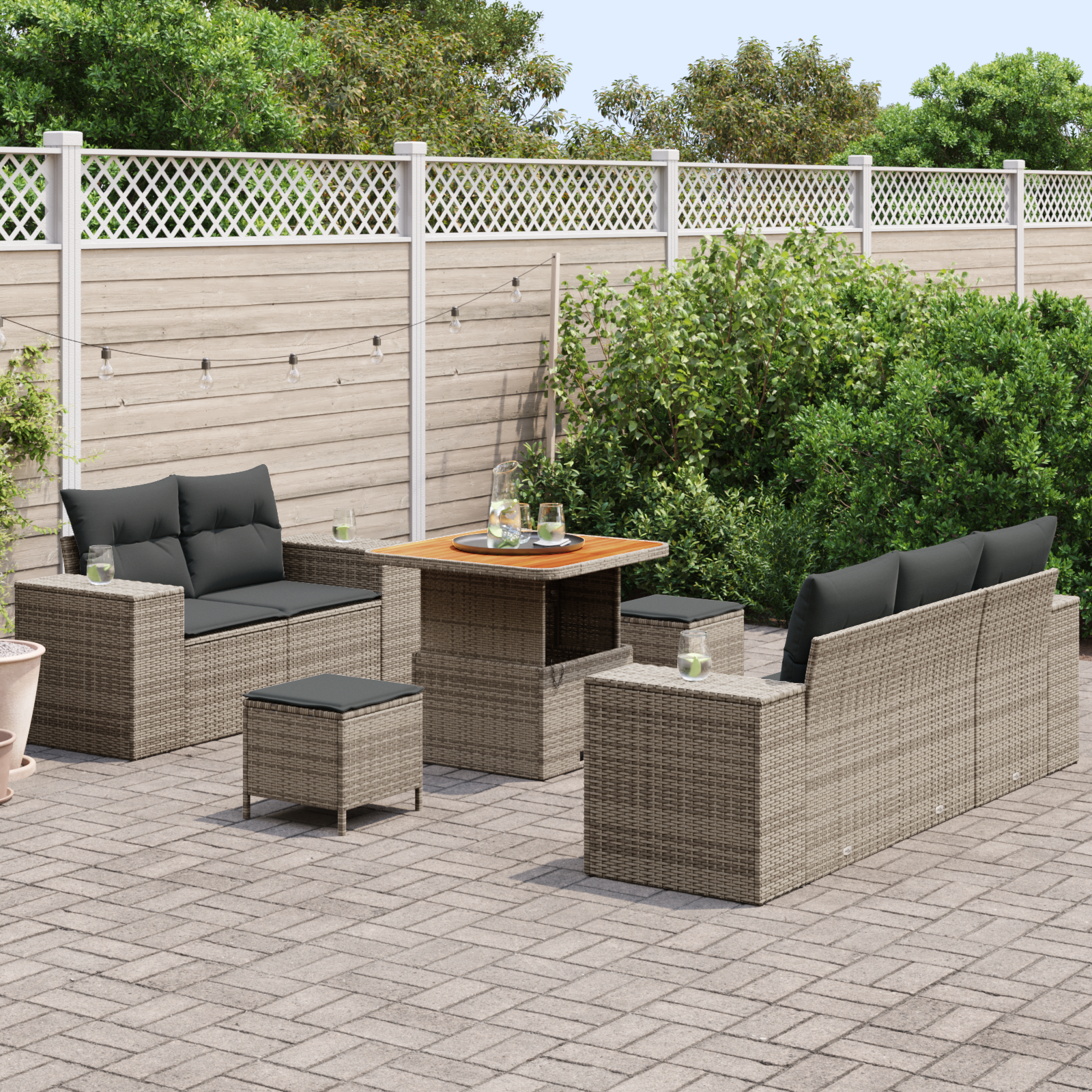 vidaXL 8-delige Tuinbankenset met kussens poly rattan acacia grijs