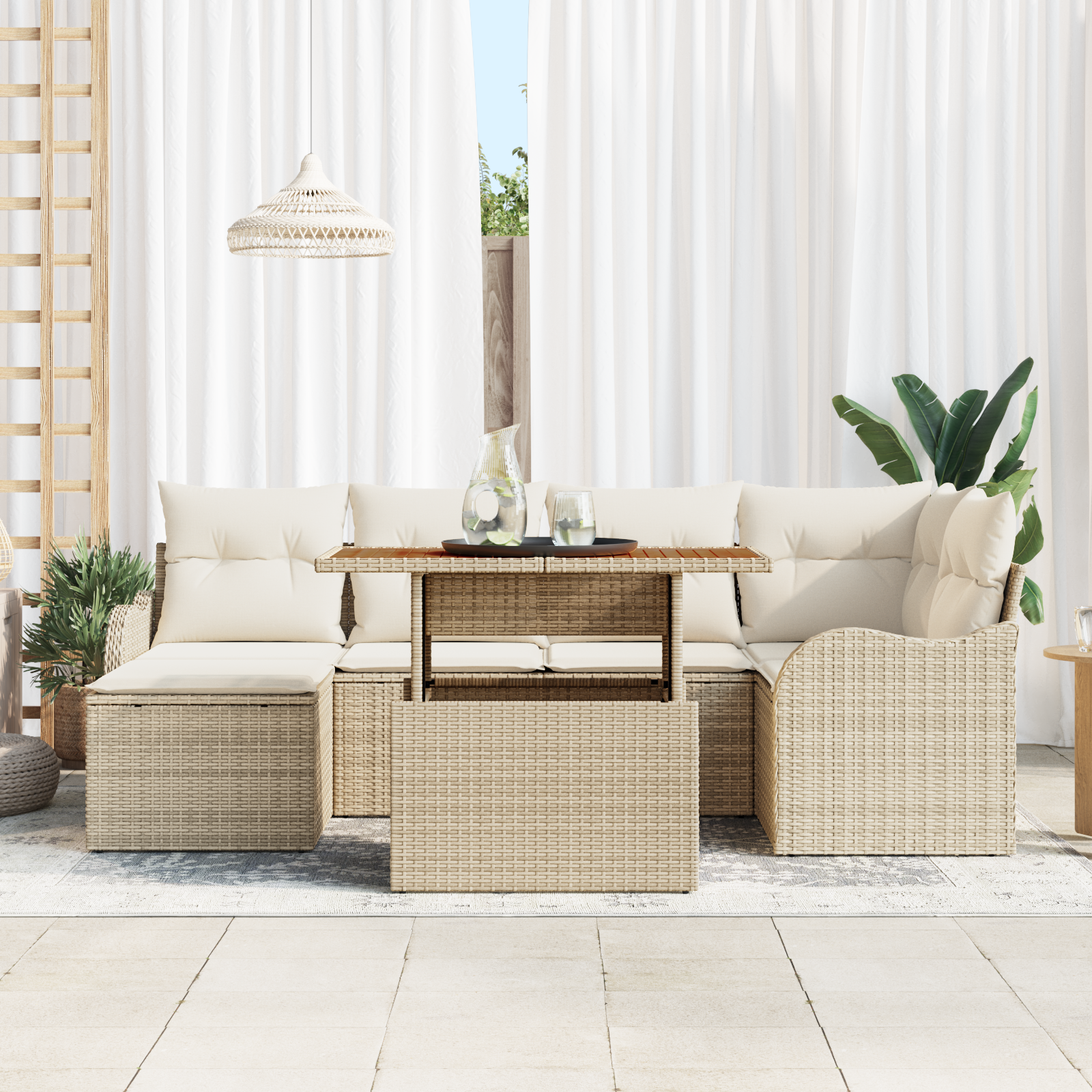 vidaXL 7-delige Tuinbankenset met kussens poly rattan beige