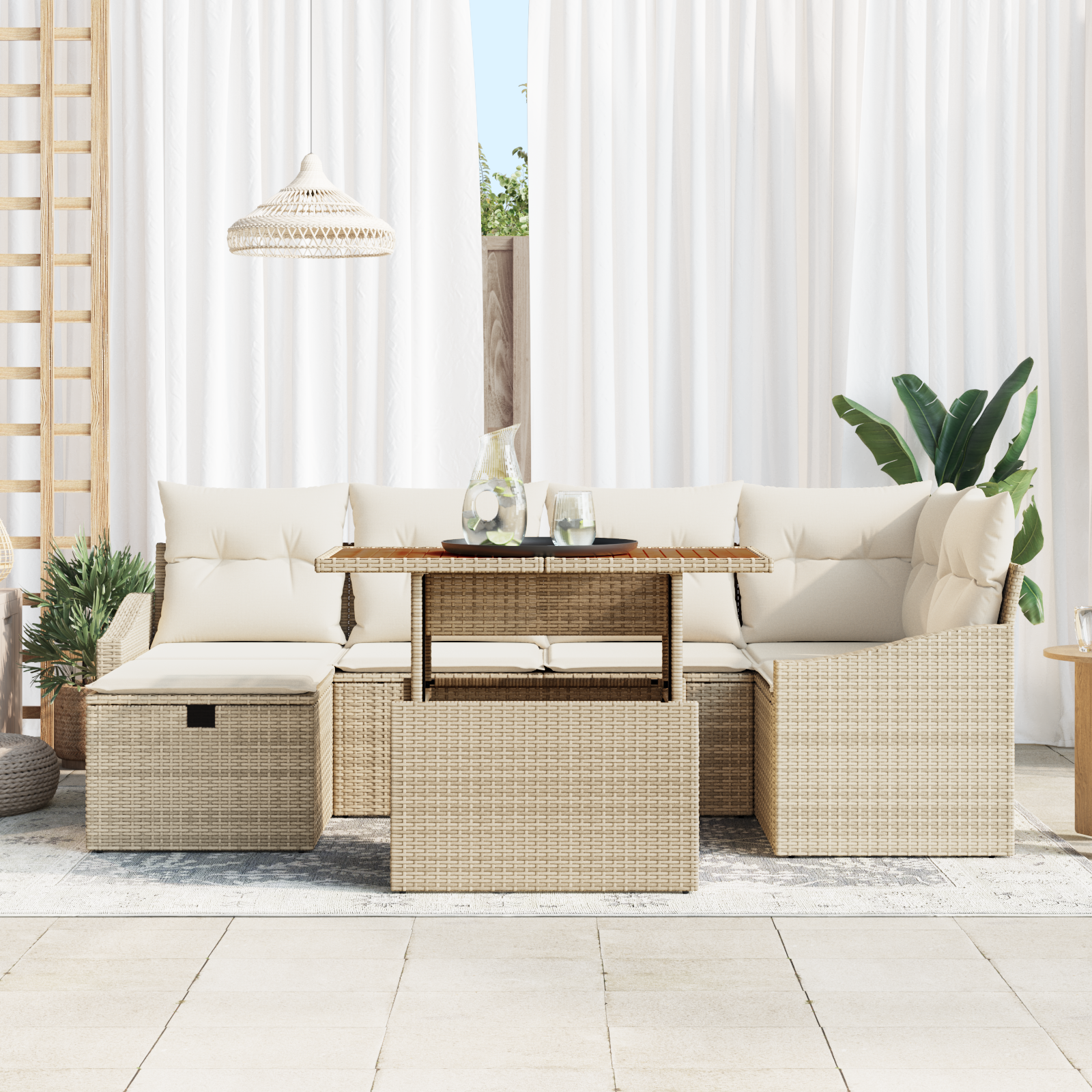 vidaXL 7-delige Tuinbankenset met kussens poly rattan beige