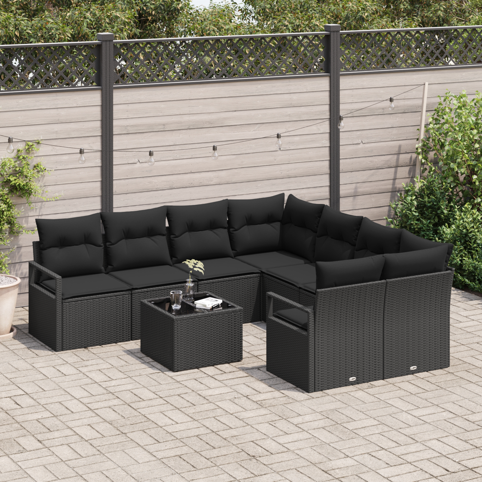 vidaXL 9-delige Tuinbankenset met kussens poly rattan zwart