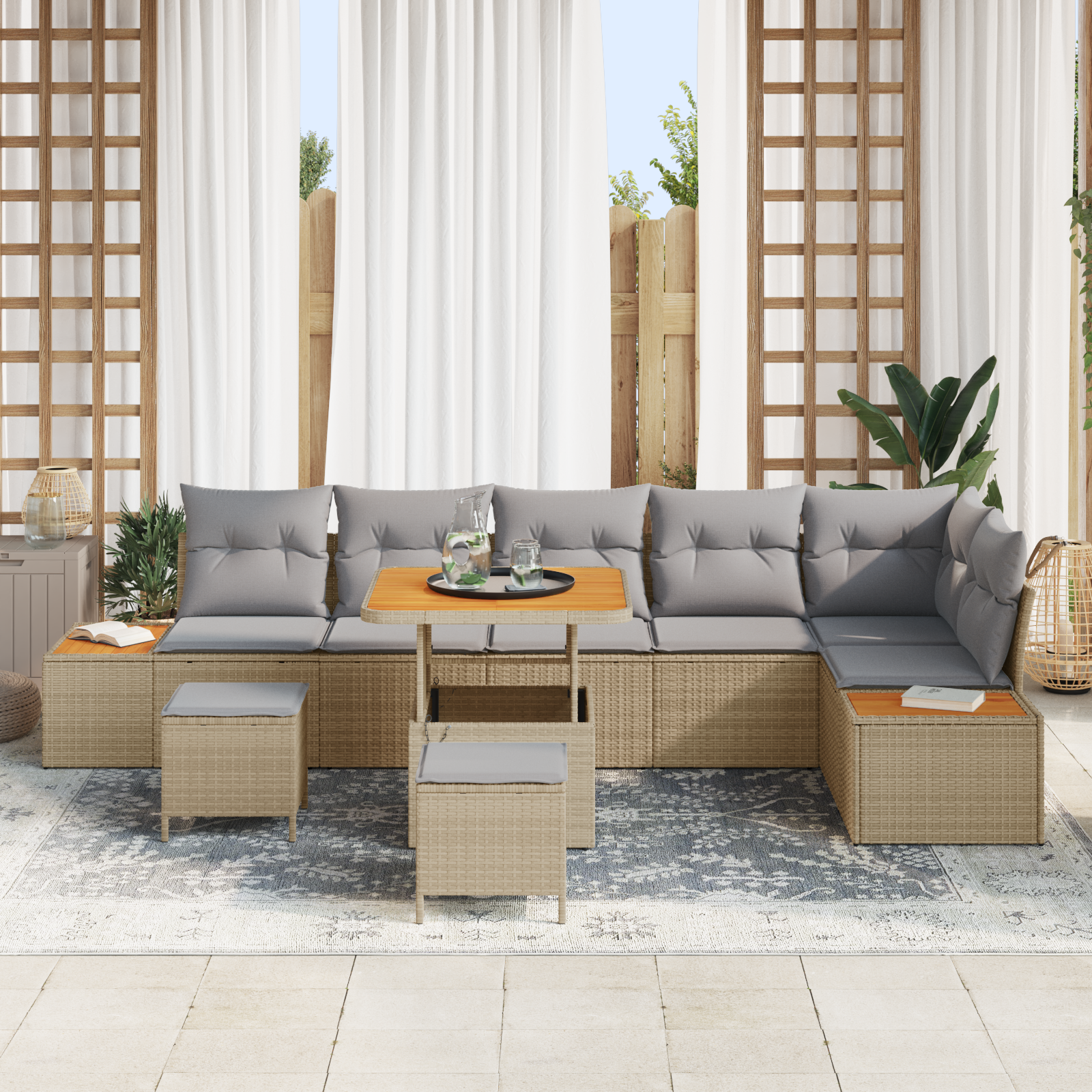 vidaXL 9-delige Tuinbankenset met kussens poly rattan acacia beige