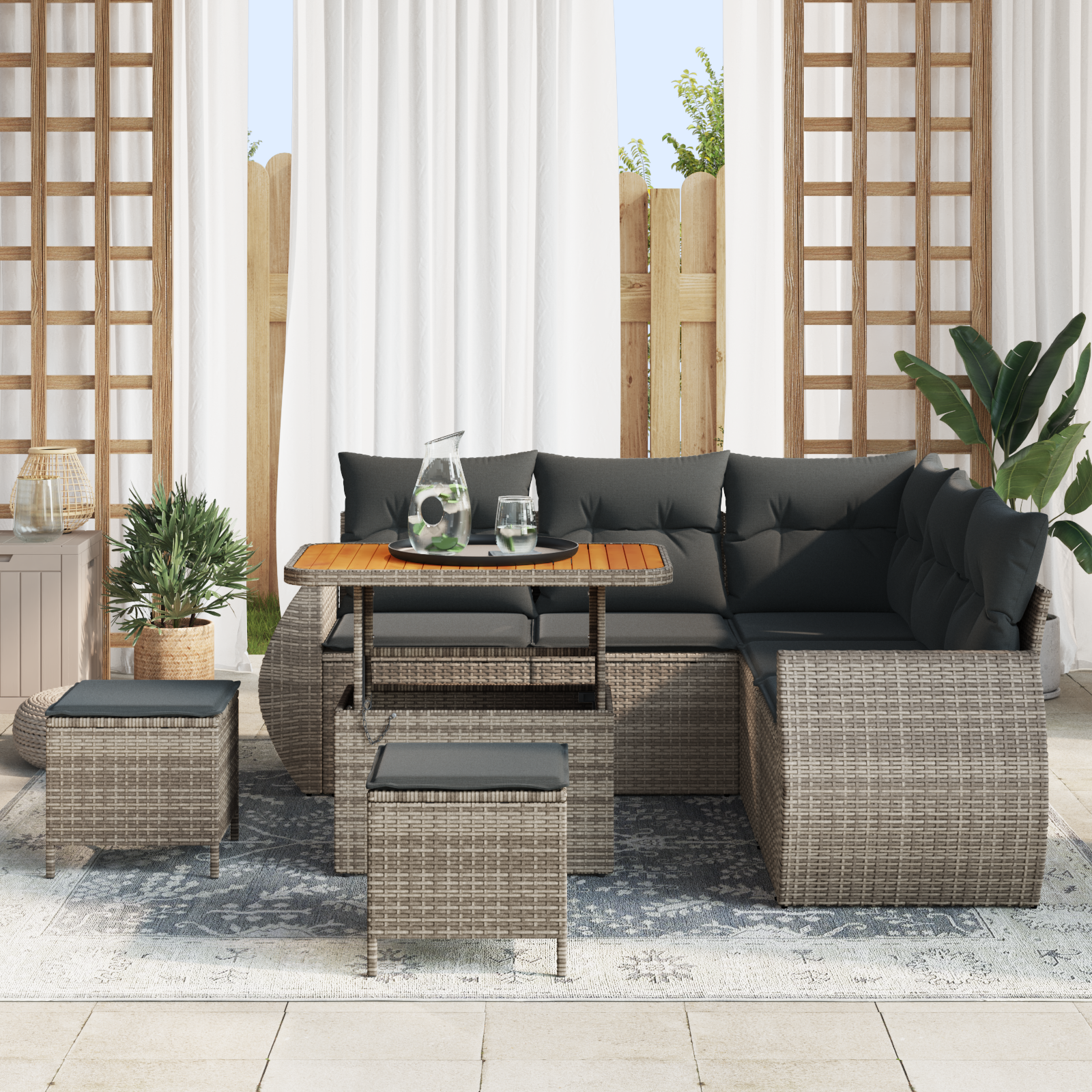 vidaXL 8-delige Tuinbankenset met kussens poly rattan acacia grijs