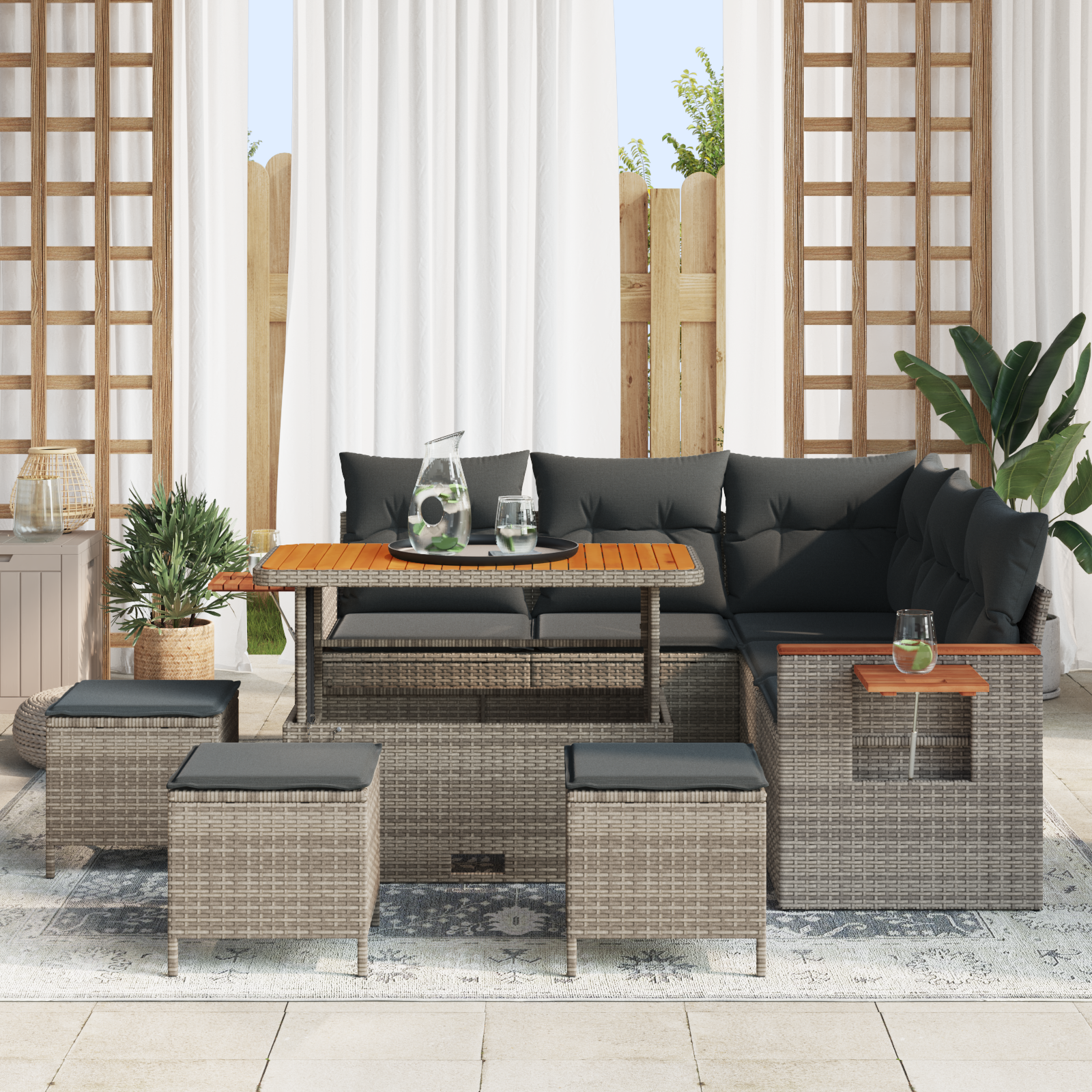 vidaXL 9-delige tuinset met kussens Grijs Poly Riet Acacia
