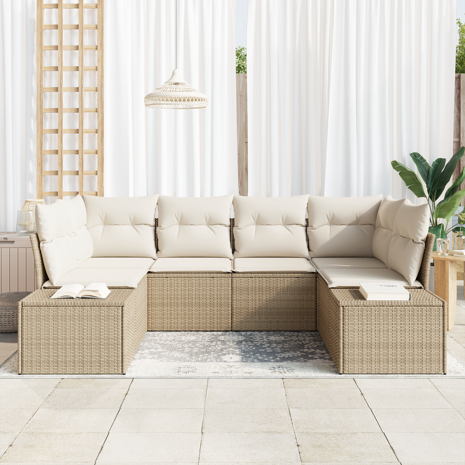 vidaXL 6-delige tuinset met kussens in beige poly rattan
