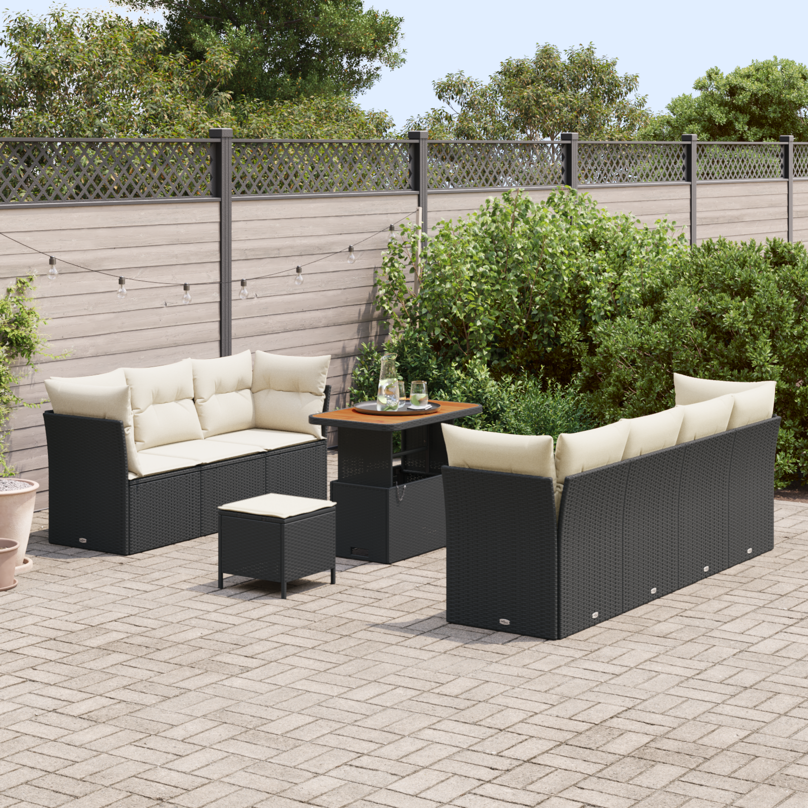 vidaXL 10-delige tuinbankset met kussens zwart poly rattan acacia
