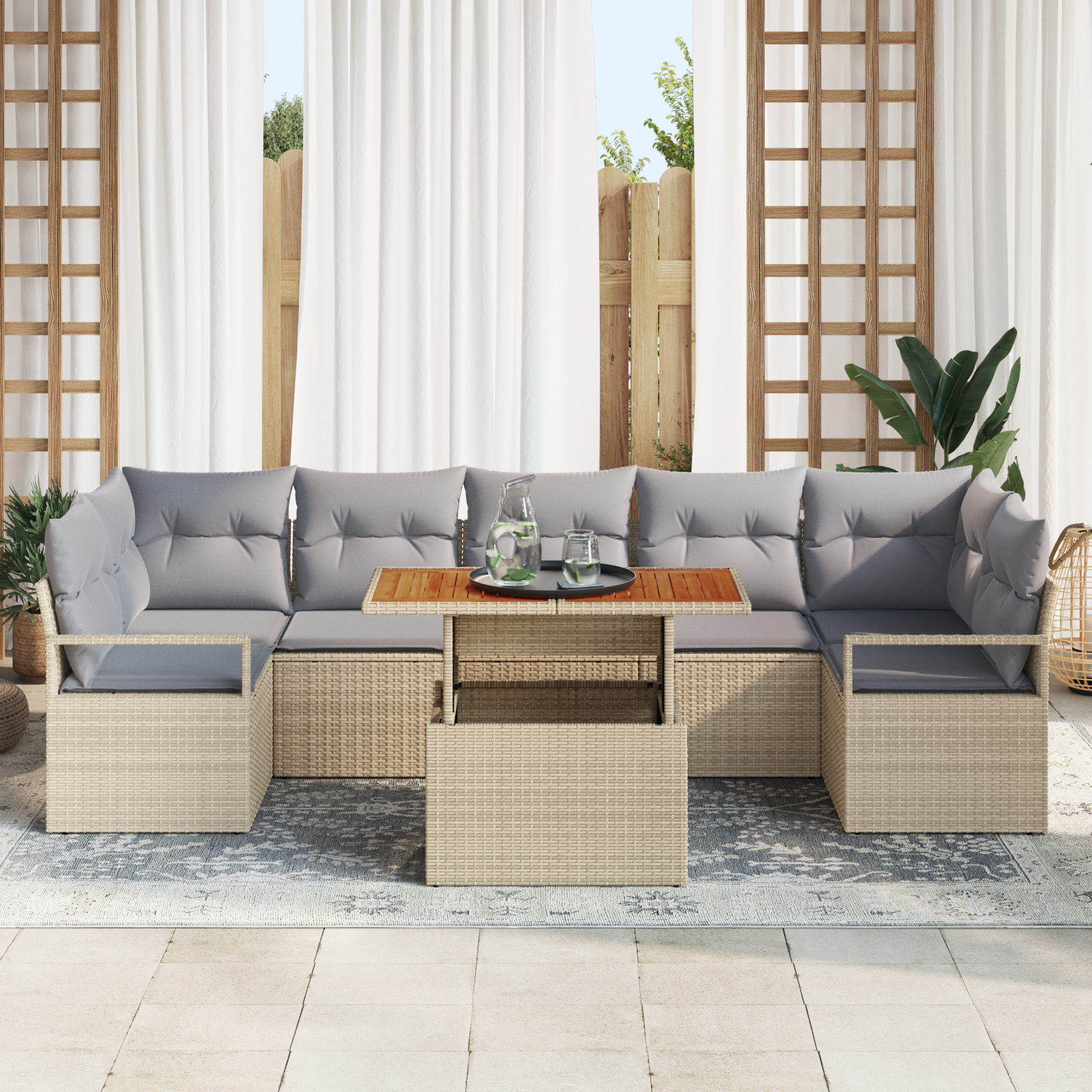 vidaXL 8-delige Tuinbankenset met kussens poly rattan acacia beige