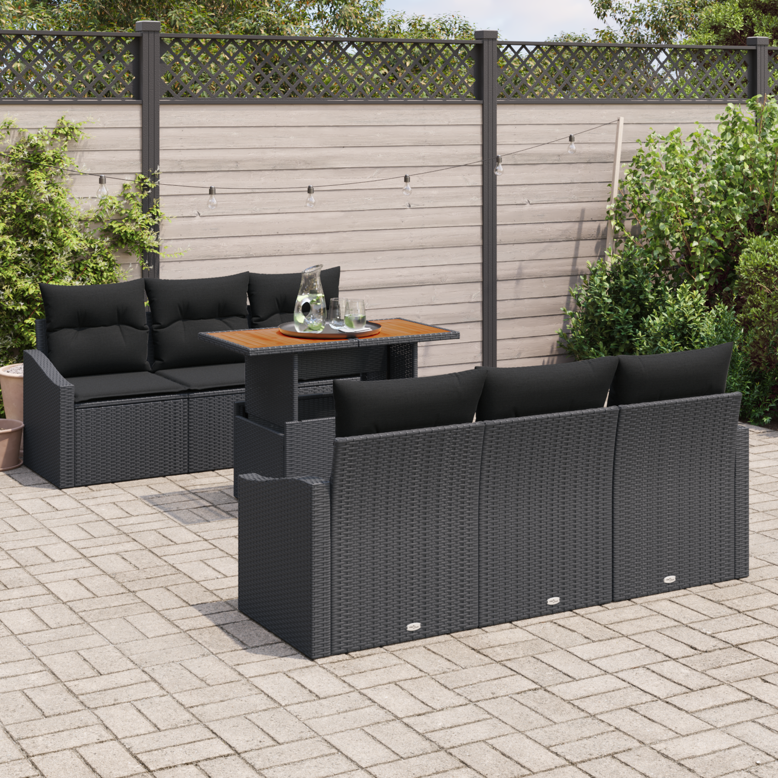 vidaXL 7-delige Tuinbankenset met kussens poly rattan zwart