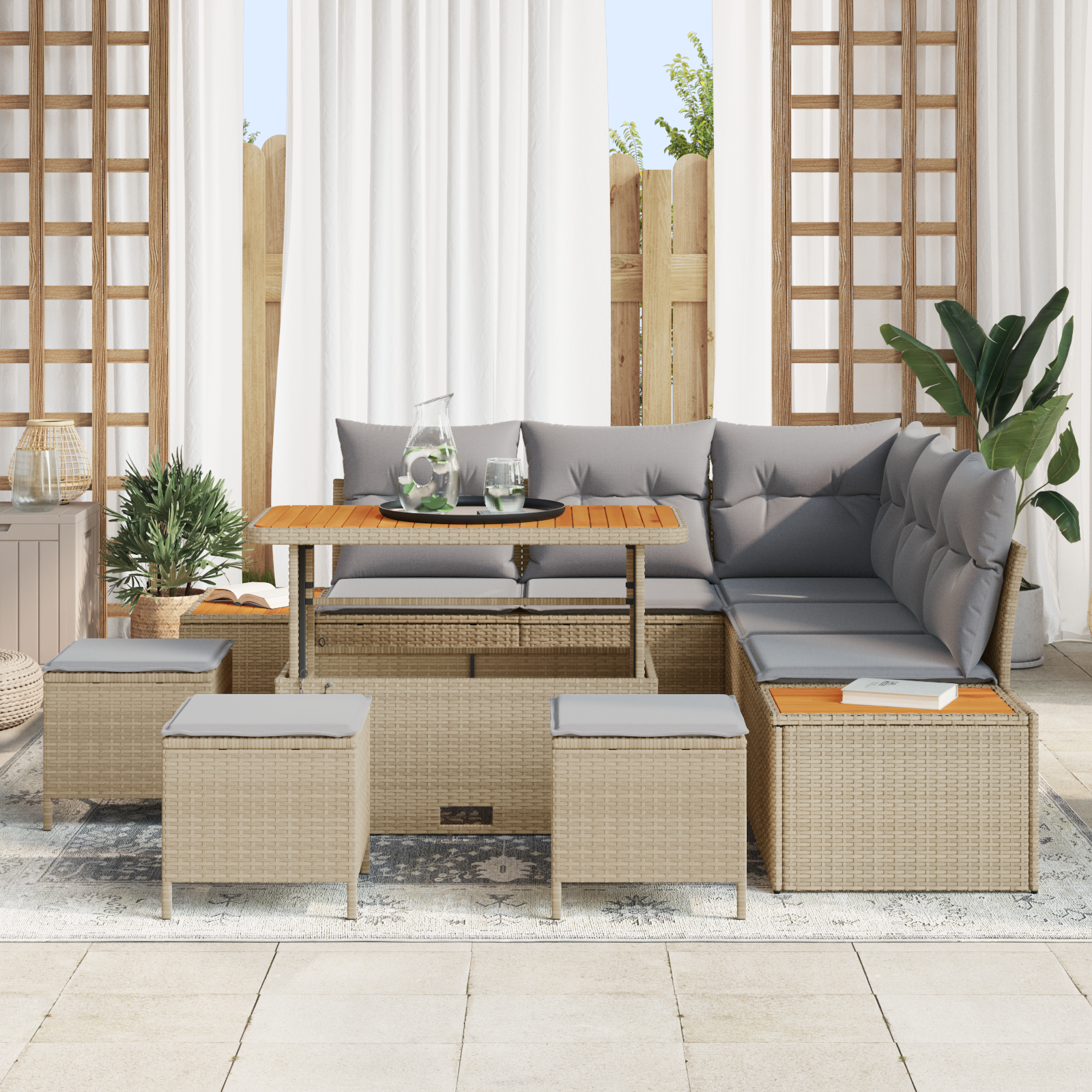 vidaXL 9-delige tuinset met kussens in beige poly rattan en acaciahout