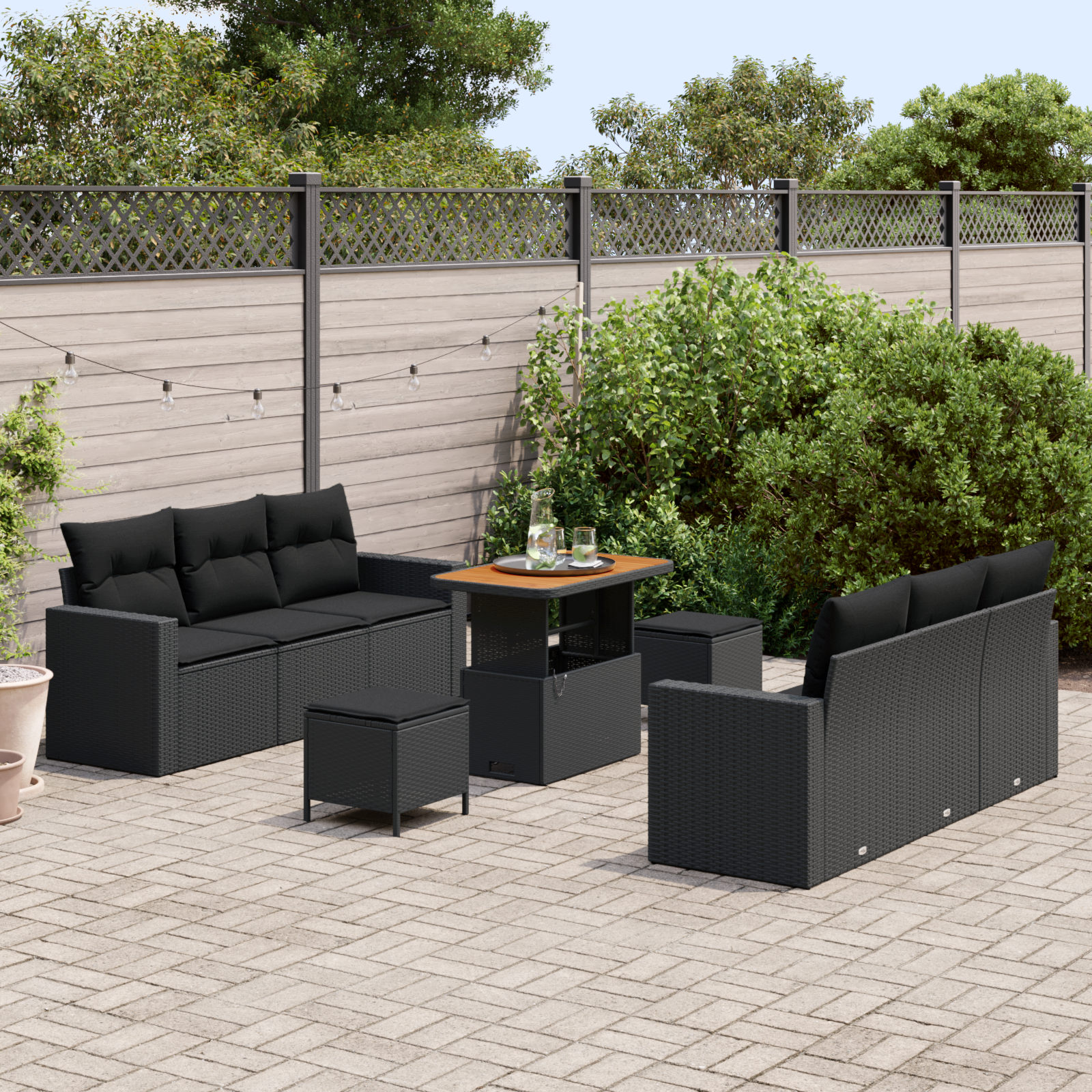 vidaXL 9-delige tuinbankset met kussens zwart poly riet acacia
