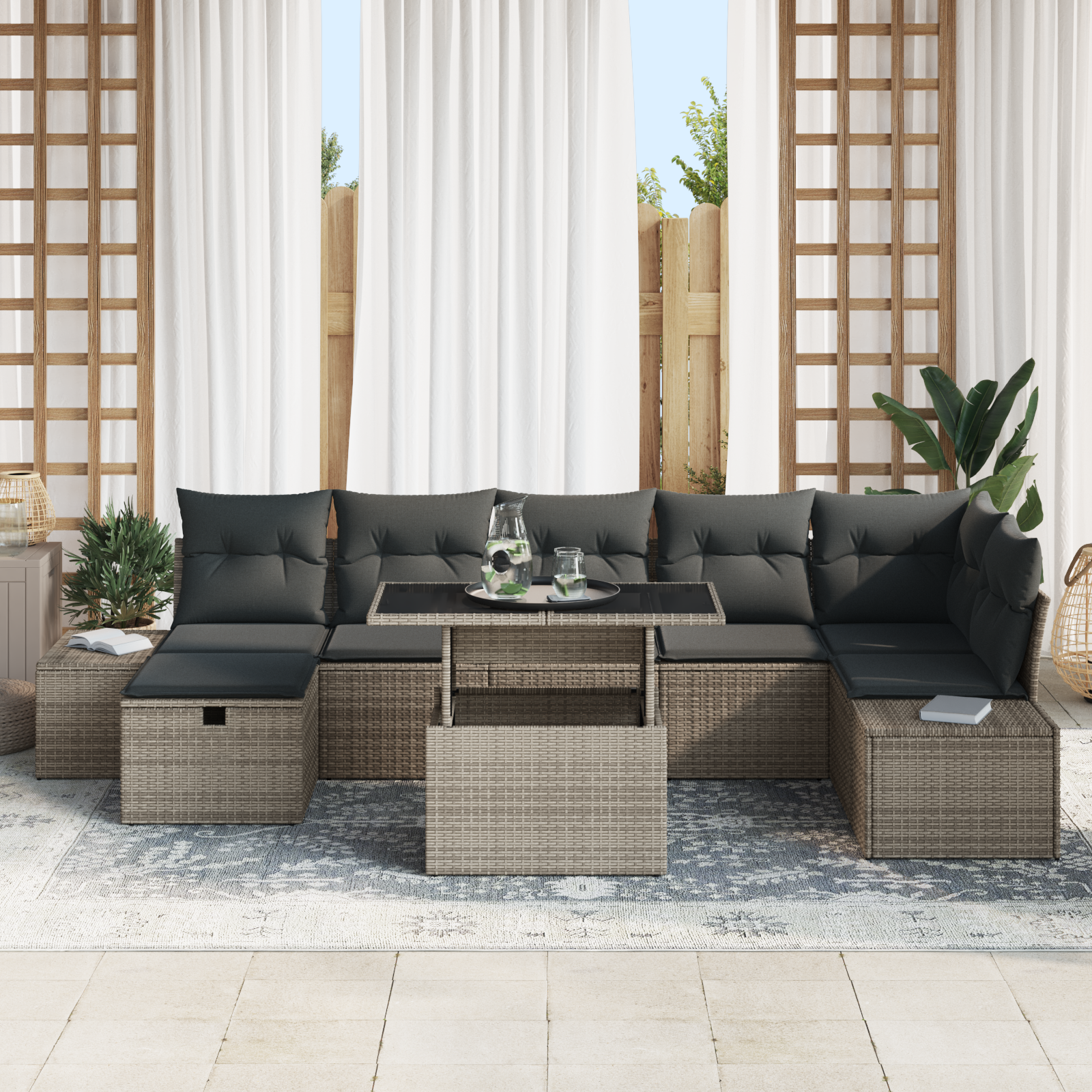 vidaXL 8-delige tuinset met kussens grijs poly rattan