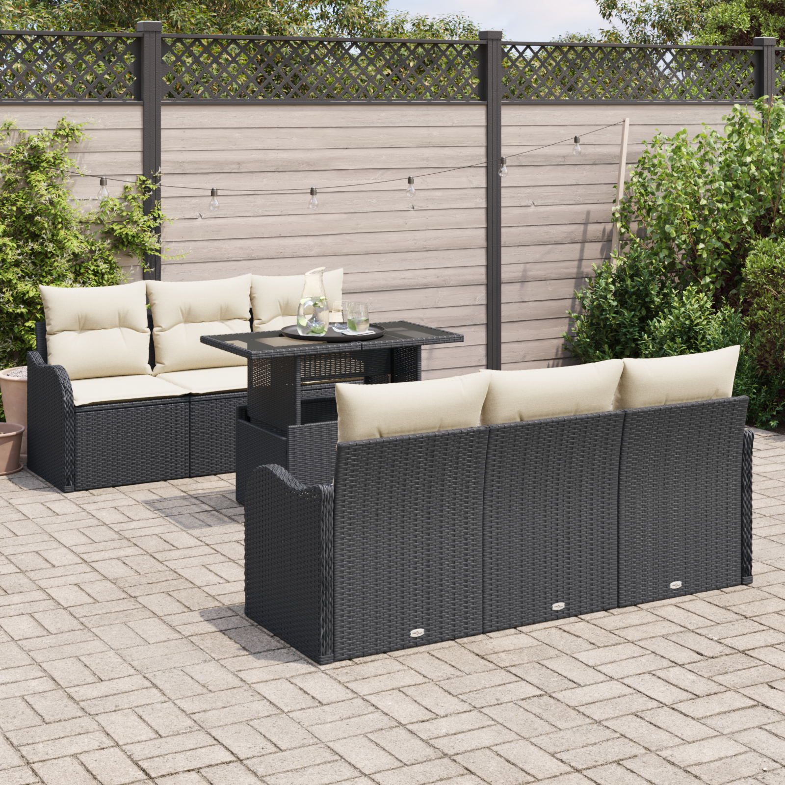 vidaXL 7-delige tuinset met kussens van zwart poly rattan