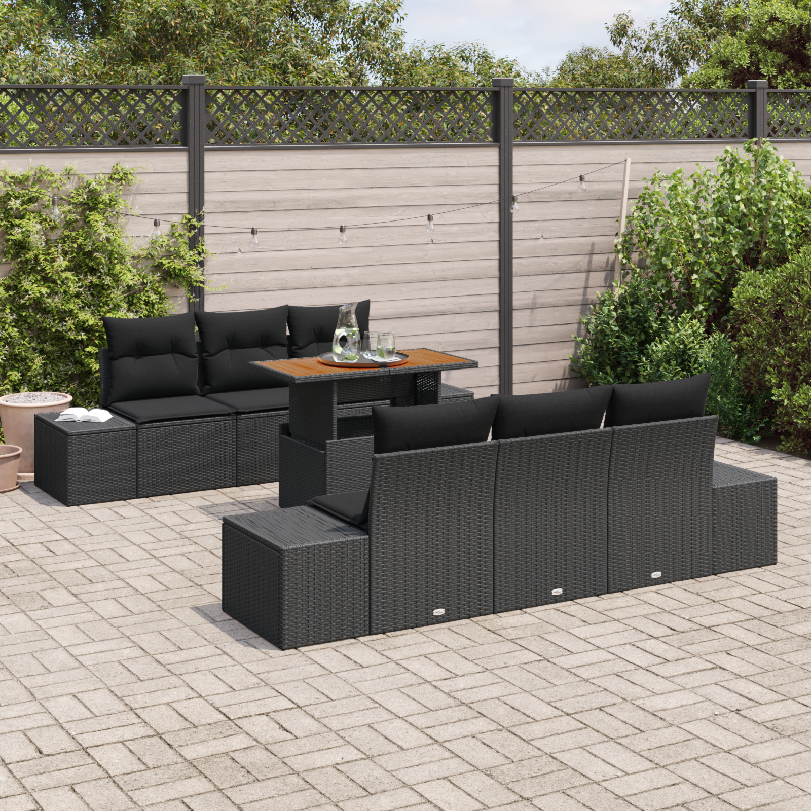 vidaXL 7-delige Tuinset met kussens poly rattan acaciahout zwart