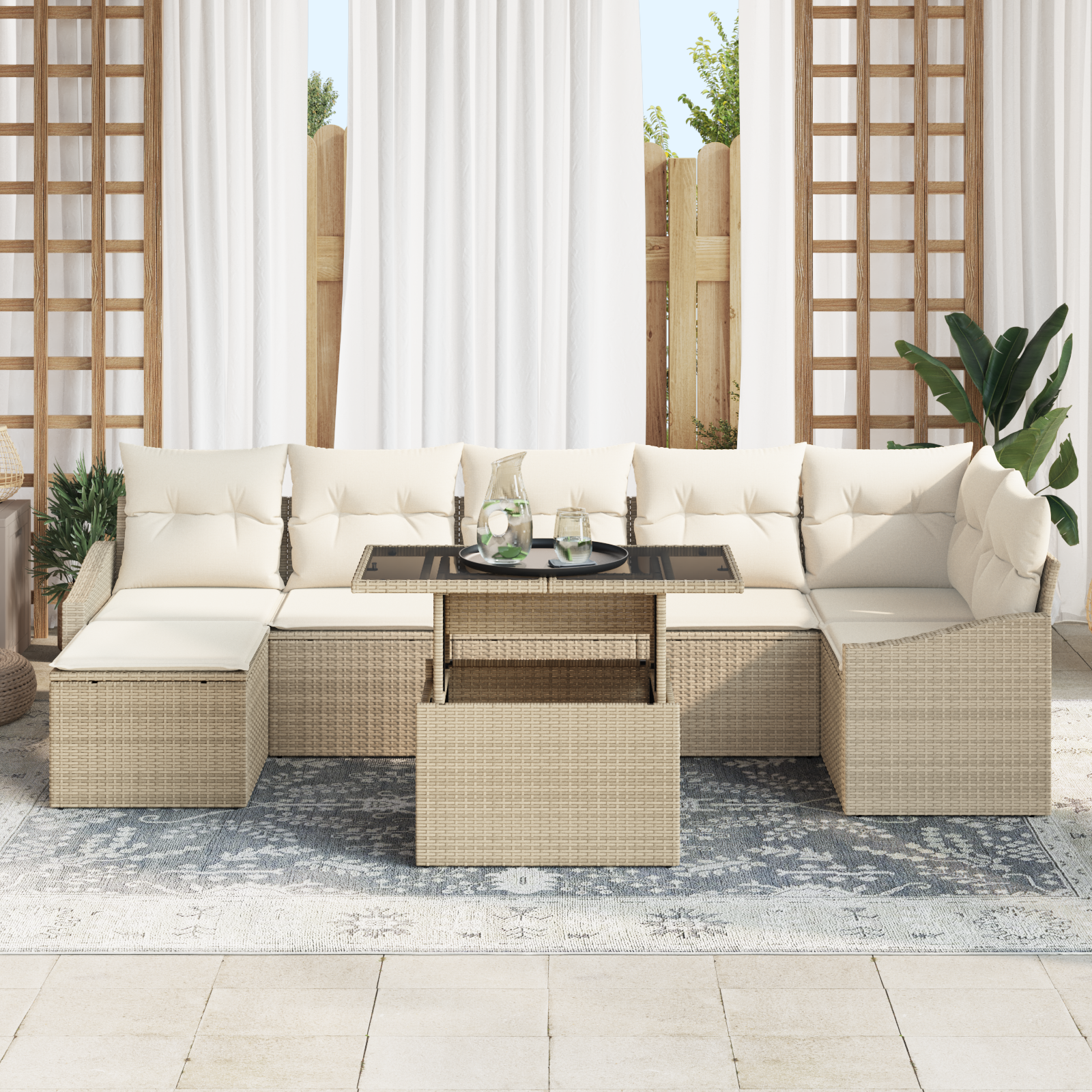 vidaXL 8-delige Tuinbankenset met kussens poly rattan beige