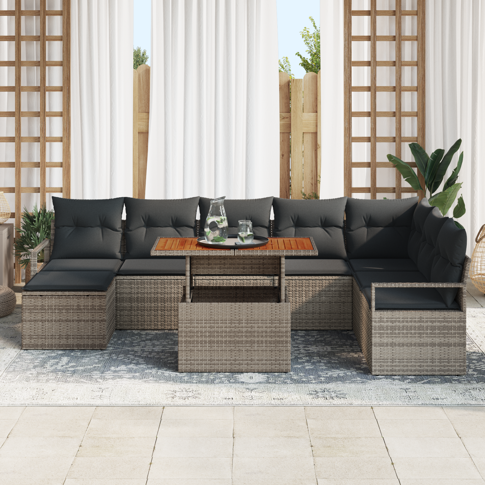 vidaXL 9-delige Tuinbankenset met kussens poly rattan acacia grijs