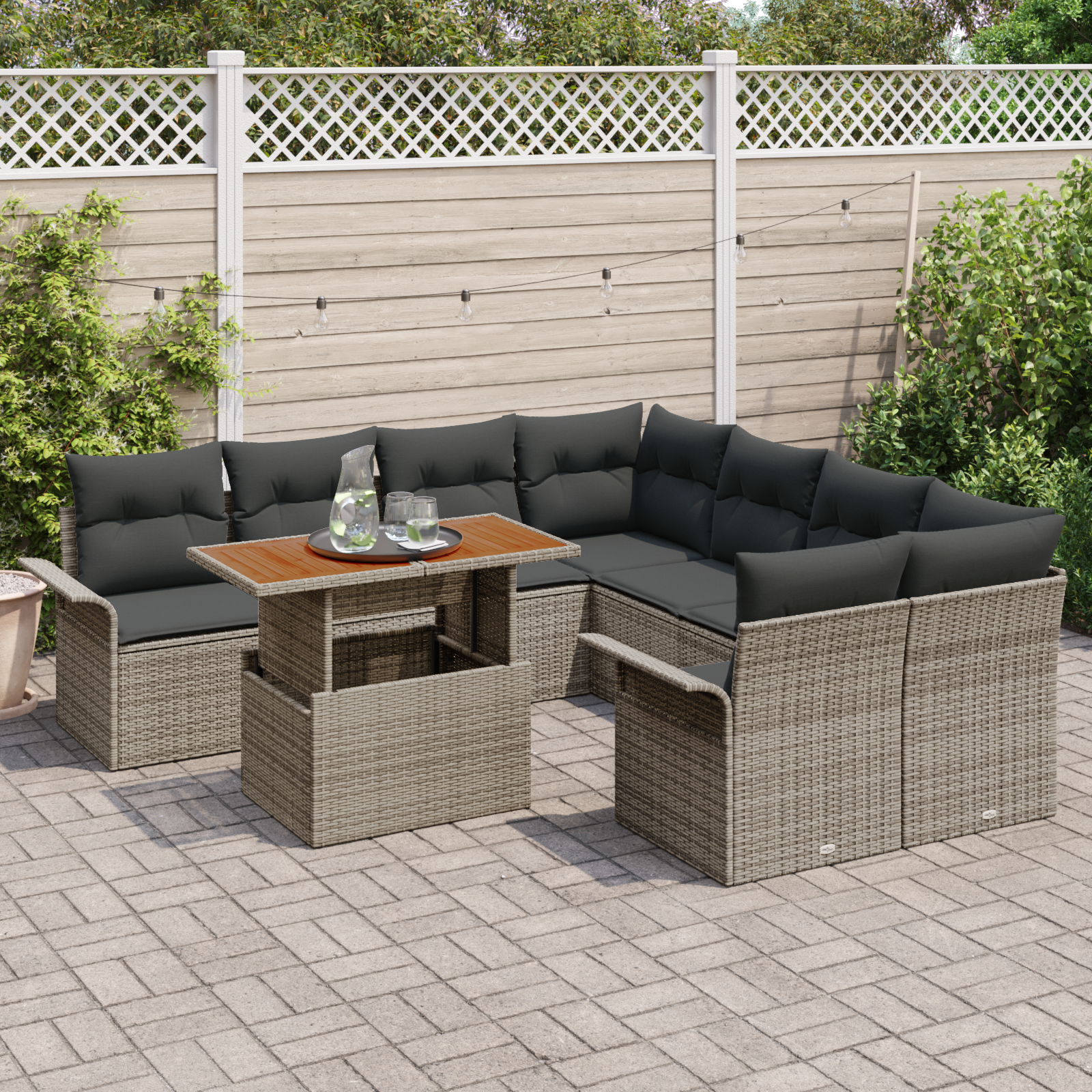 vidaXL 9-delige Tuinbankenset met kussens poly rattan acaciahout grijs