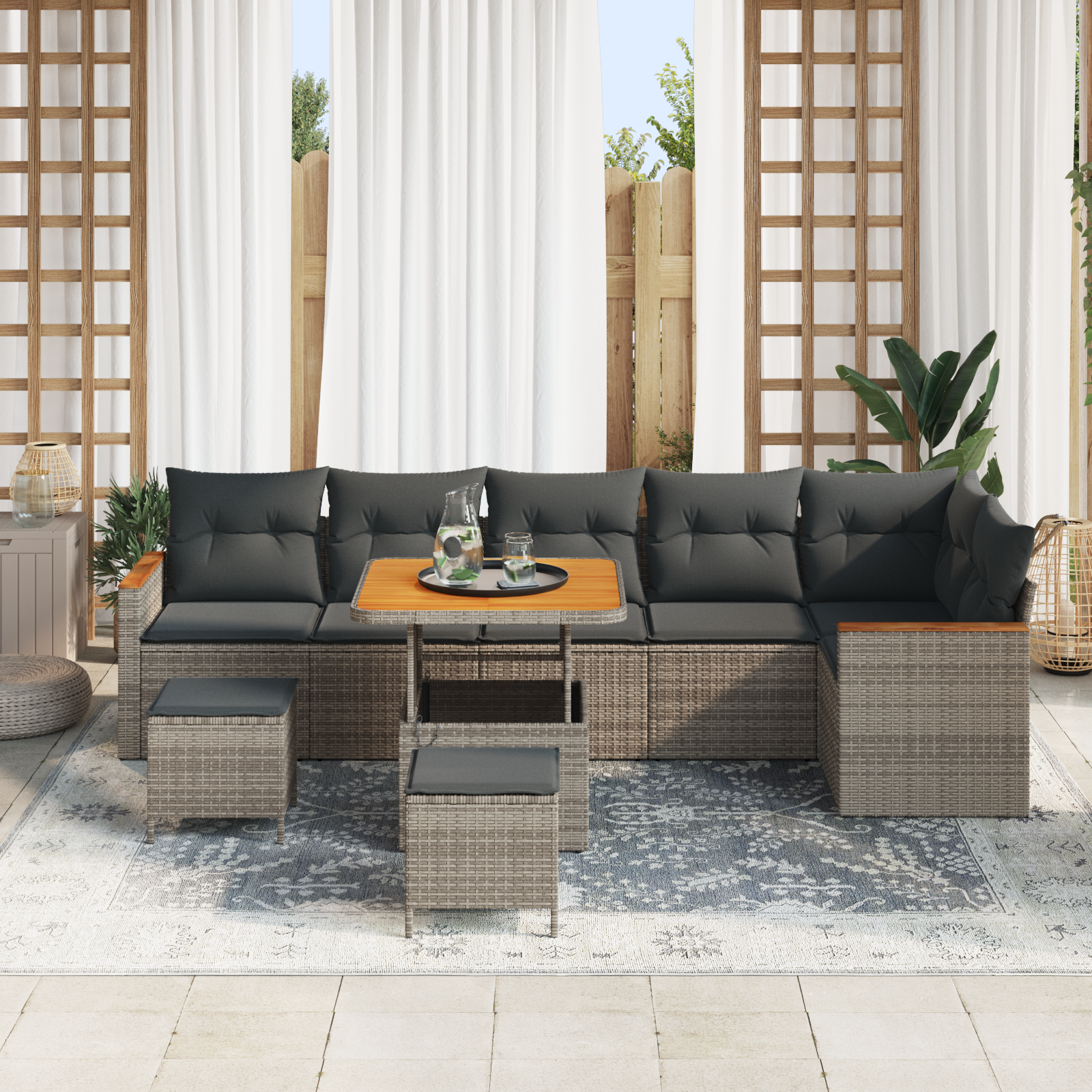 vidaXL 9-delige Tuinbankenset met kussens poly rattan acacia grijs