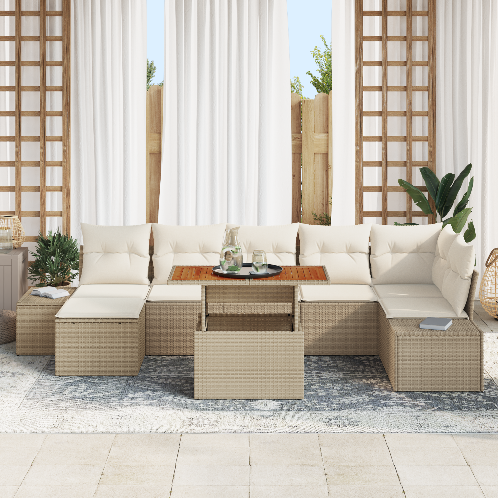 vidaXL 8-delige Tuinset met kussens poly rattan acaciahout beige