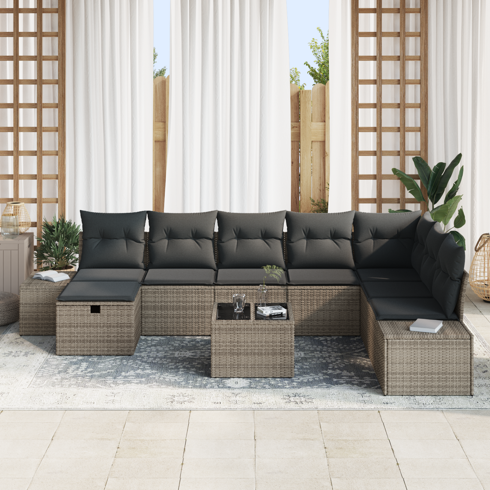 vidaXL 9-delige Tuinbankenset met kussens poly rattan grijs