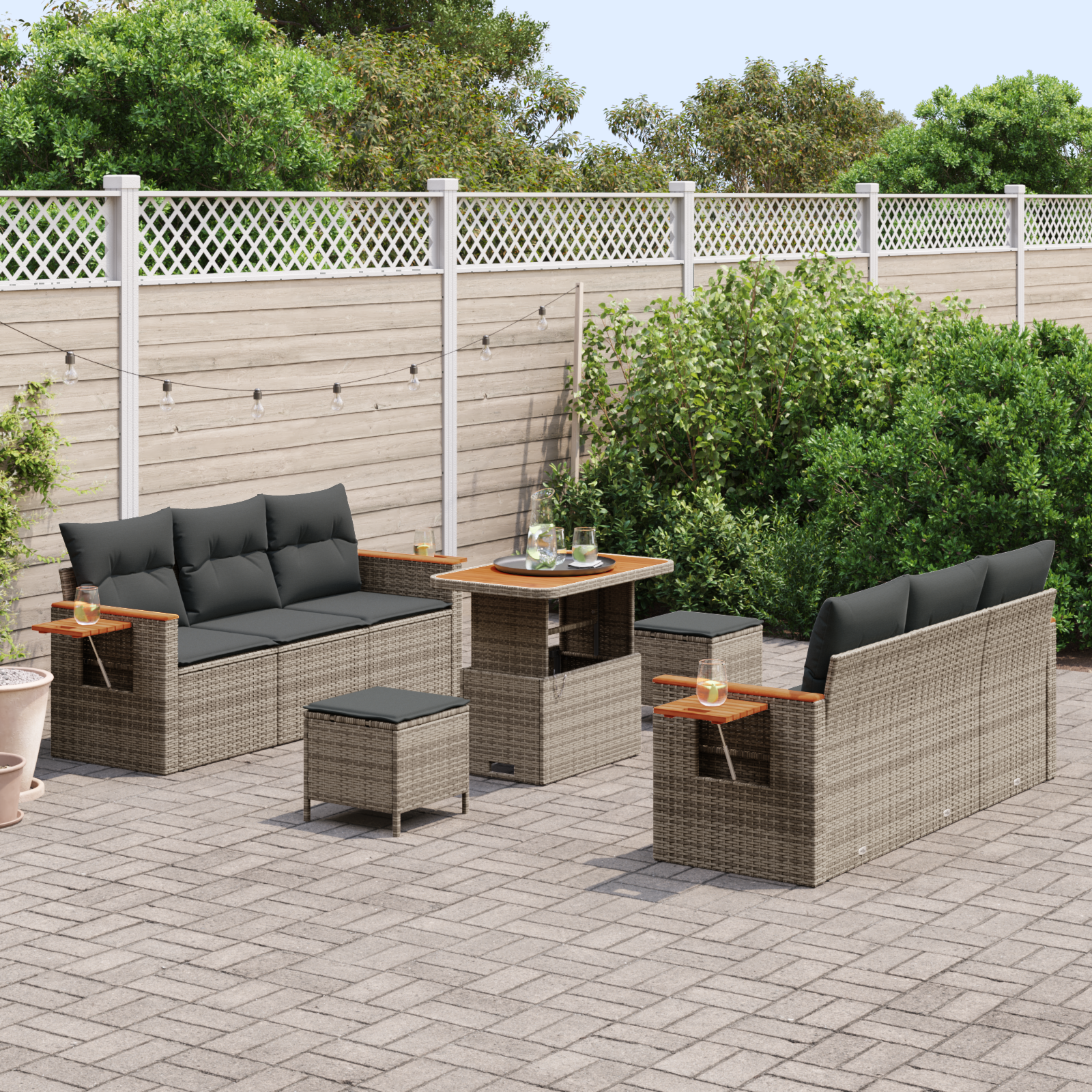 vidaXL 9-delige Tuinbankenset met kussens poly rattan acacia grijs