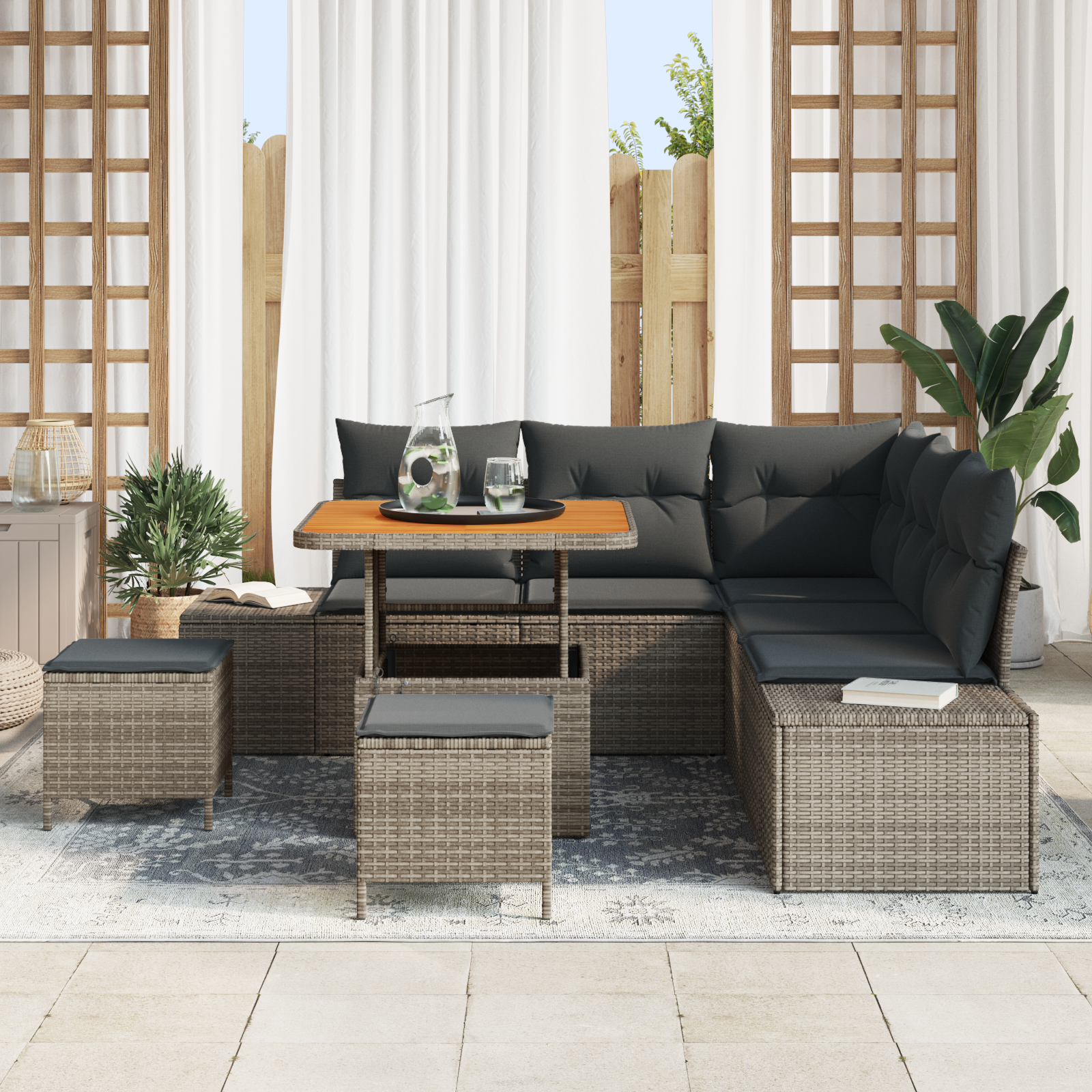 vidaXL 8-delige tuinbankset met kussens Grijs Poly Rattan Acacia