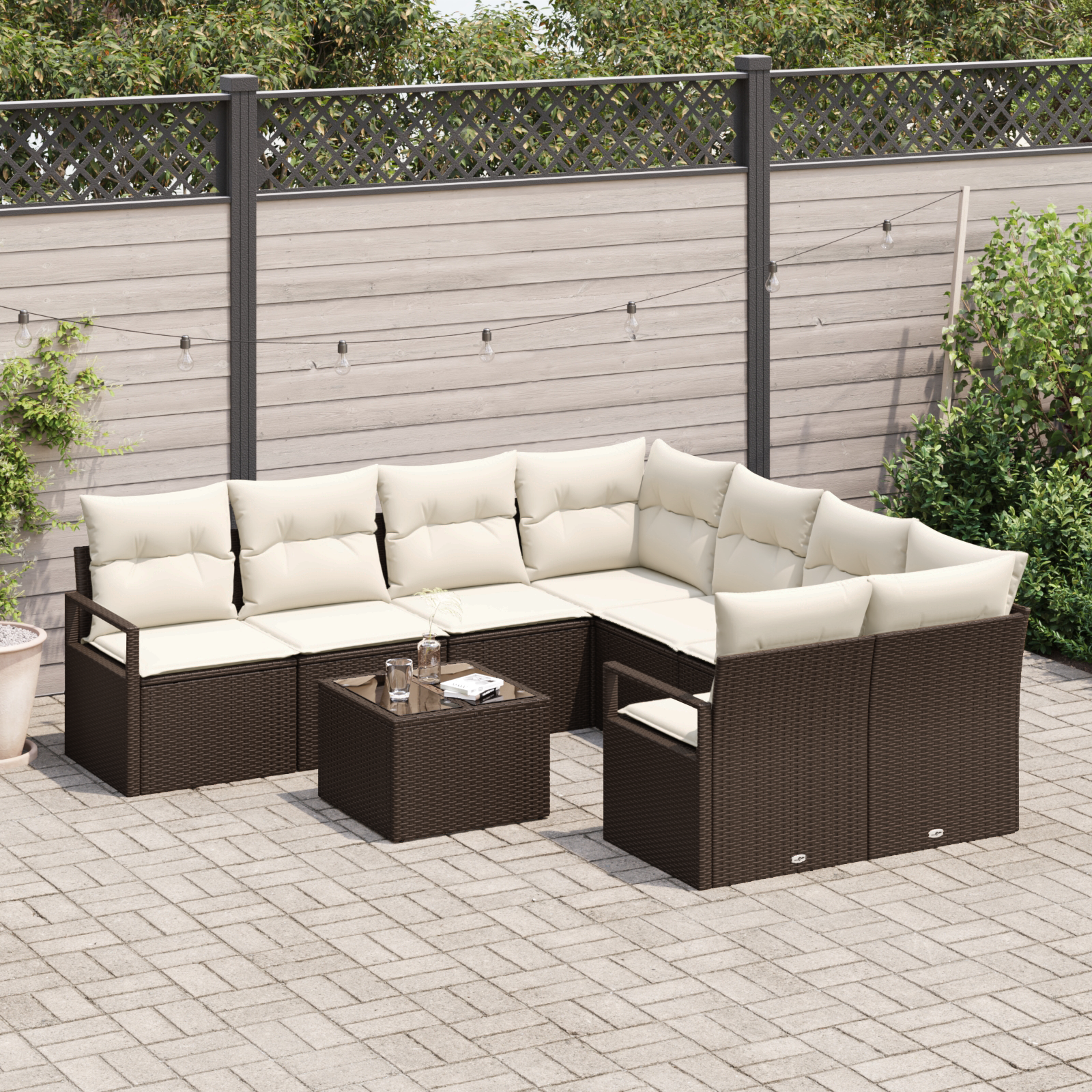 vidaXL 9-delige Tuinbankenset met kussens poly rattan bruin