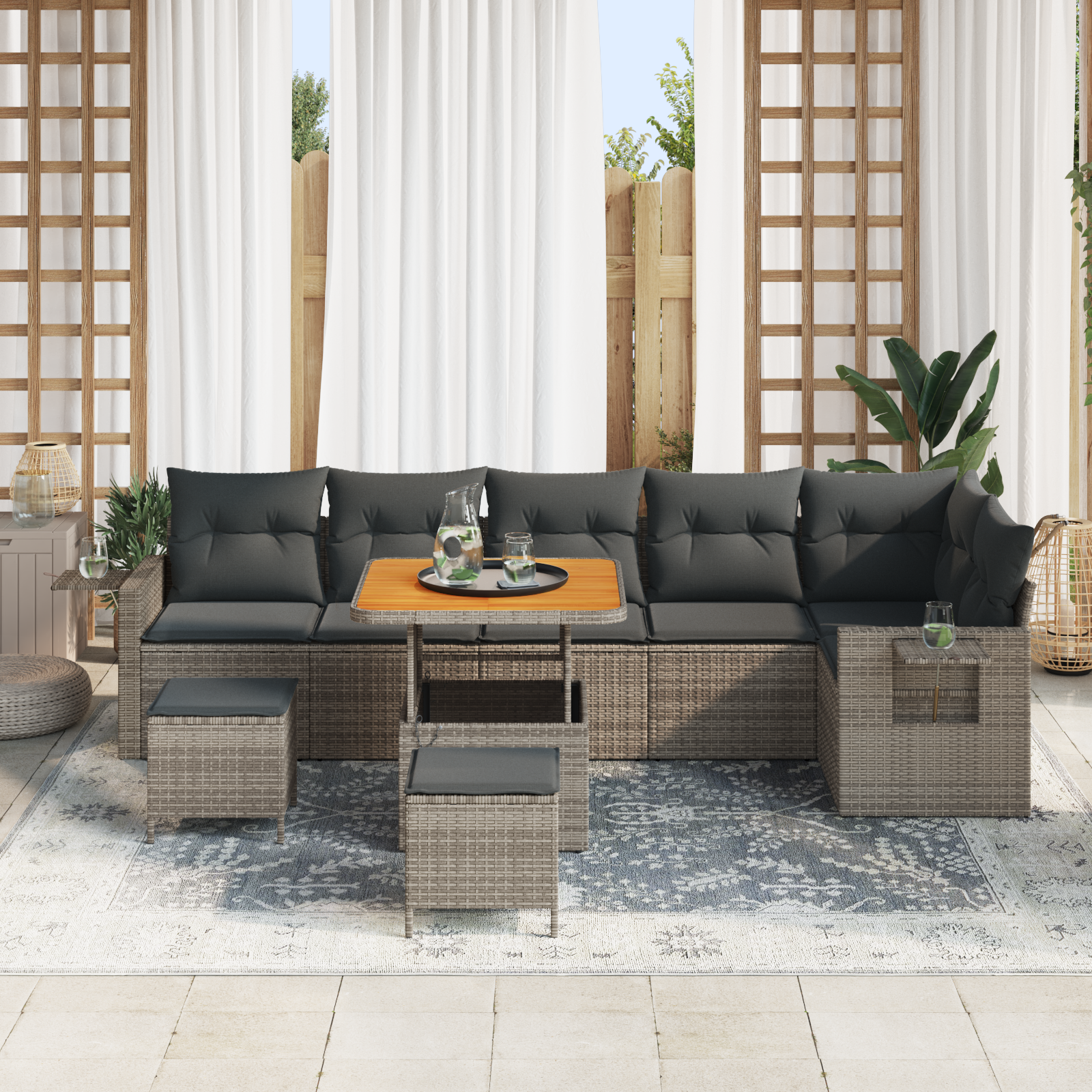 vidaXL 9-delige Tuin Sofa Set met Kussens Grijs Poly Rattan Acacia