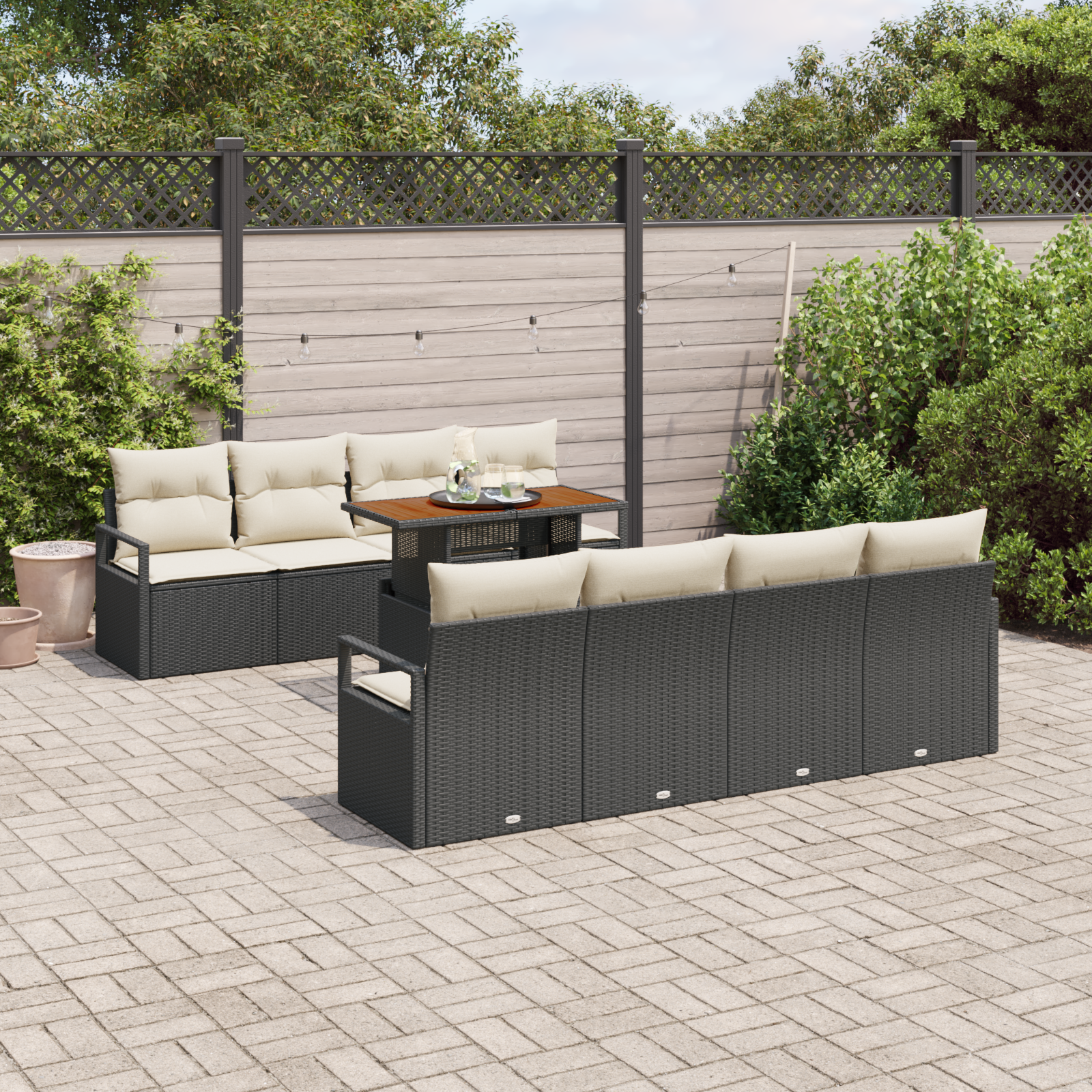 vidaXL 9-delige tuinbank set met kussens zwart poly riet acacia