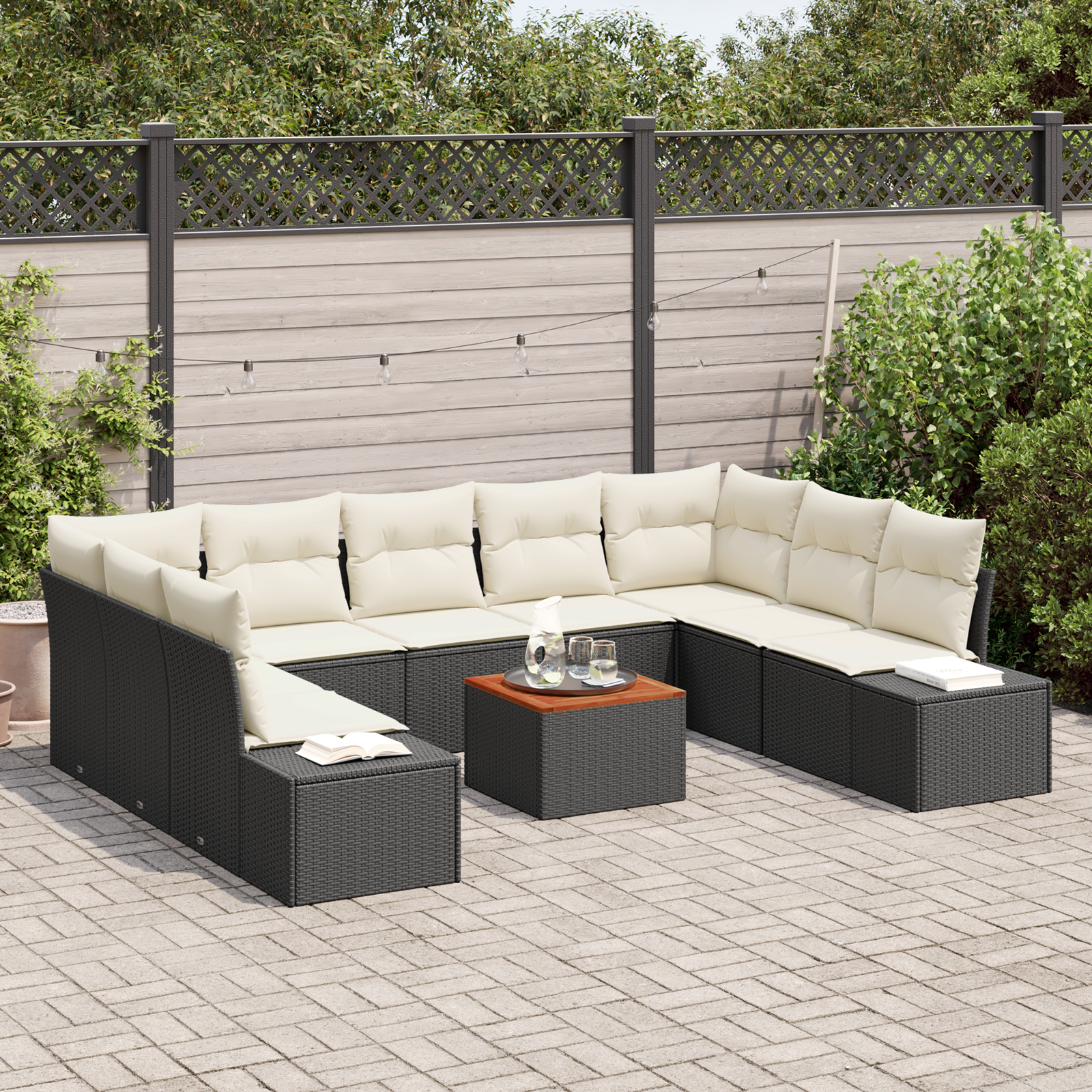 vidaXL 10-delige tuinset met kussens zwart poly rattan acacia