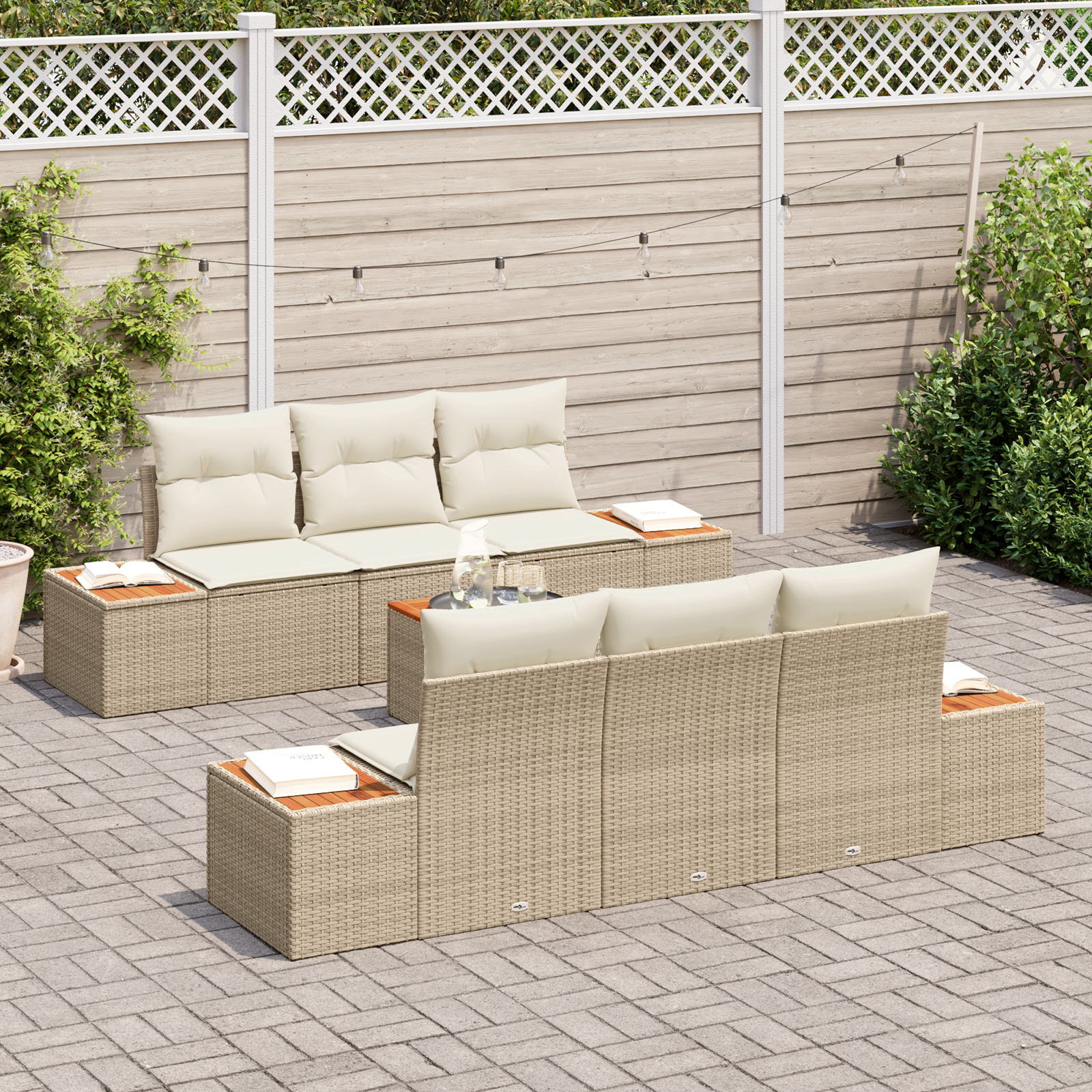 vidaXL 7-delige tuinset met kussens in beige poly rattan en acacia