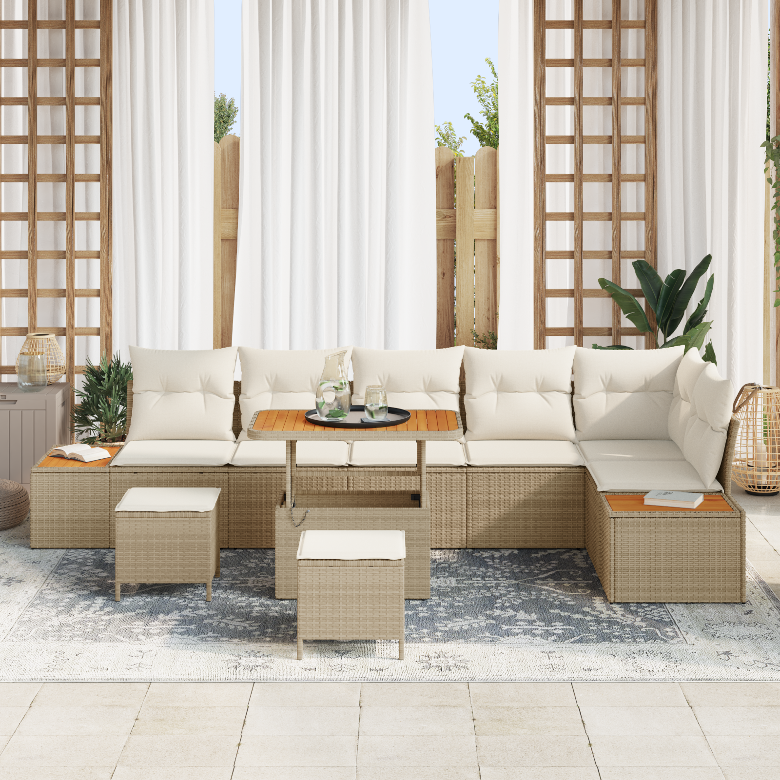 vidaXL 9-delige Tuinbankenset met kussens poly rattan acacia beige