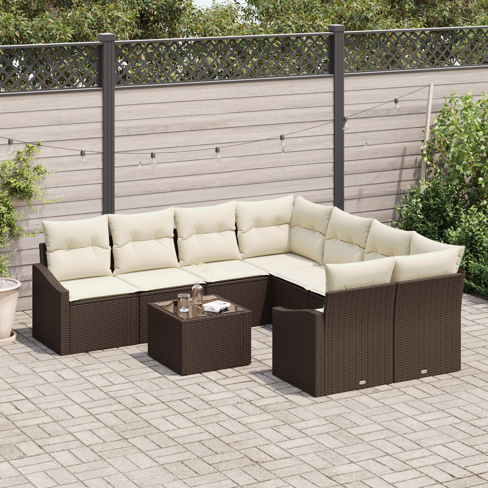 vidaXL 9-delige Tuinbankenset met kussens poly rattan bruin