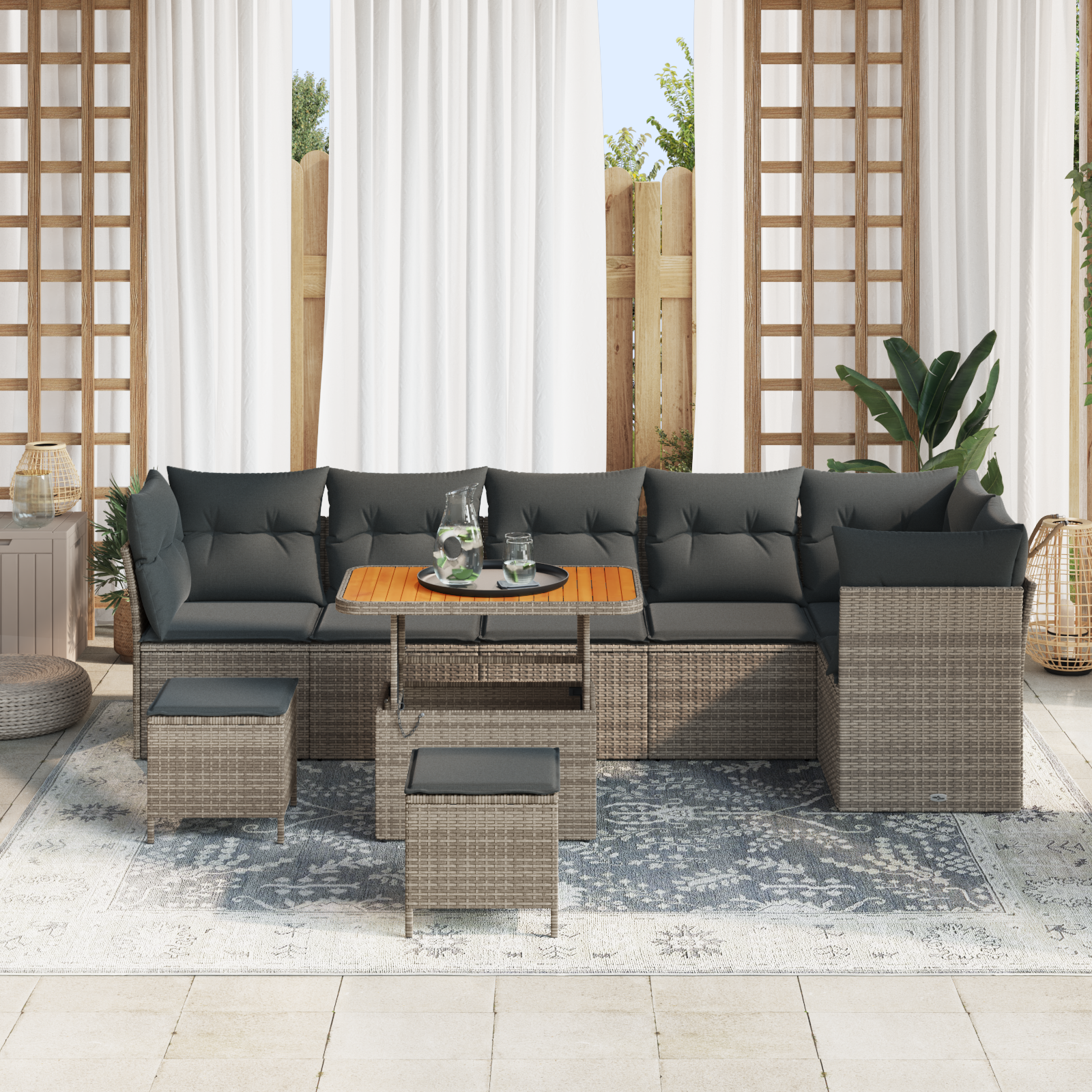 vidaXL 9-delige Tuinbankenset met kussens poly rattan acacia grijs