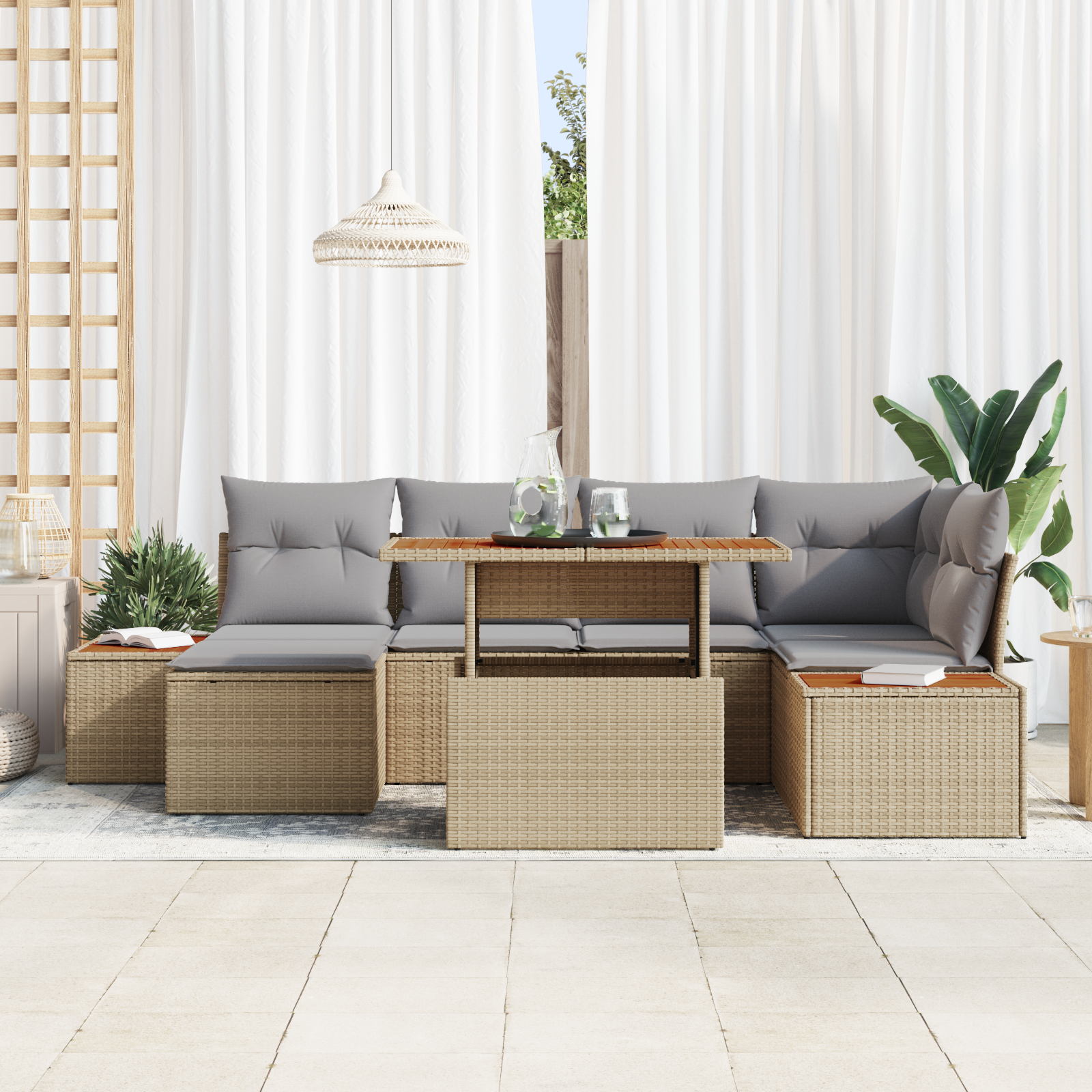 vidaXL 7-delige tuinsofa set met kussens in beige poly rattan