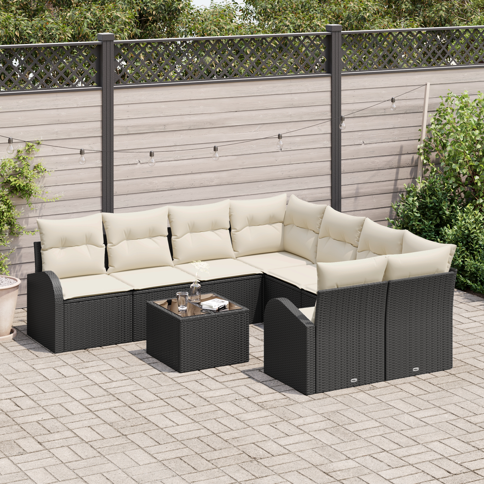 vidaXL 9-delige Tuinbankenset met kussens poly rattan zwart