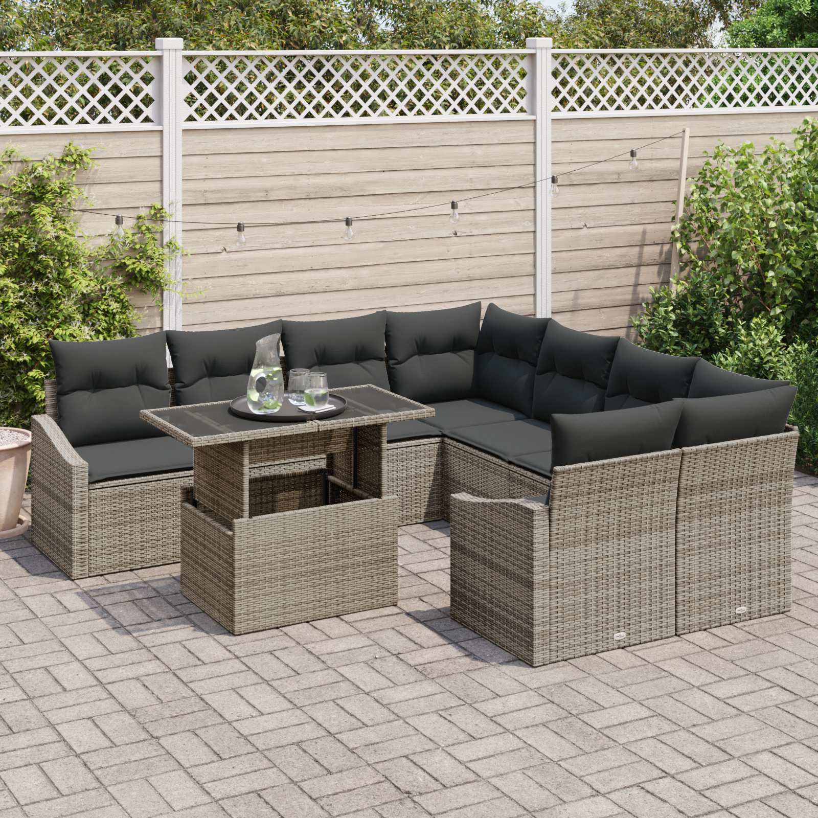 vidaXL 9-delige Tuinbankenset met kussens poly rattan grijs